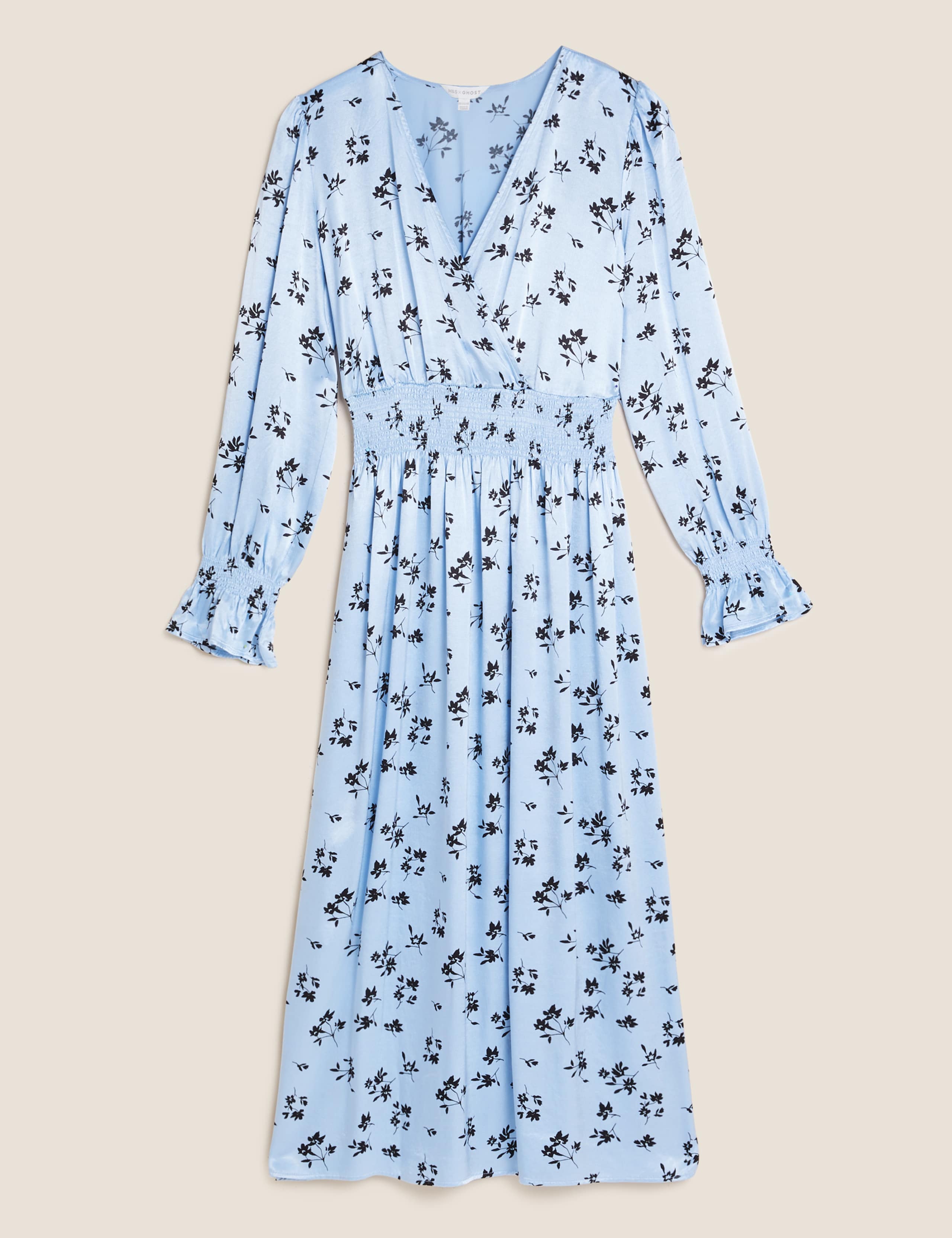 Satin Floral Shirred Midi Waisted Dress 2 of 7
