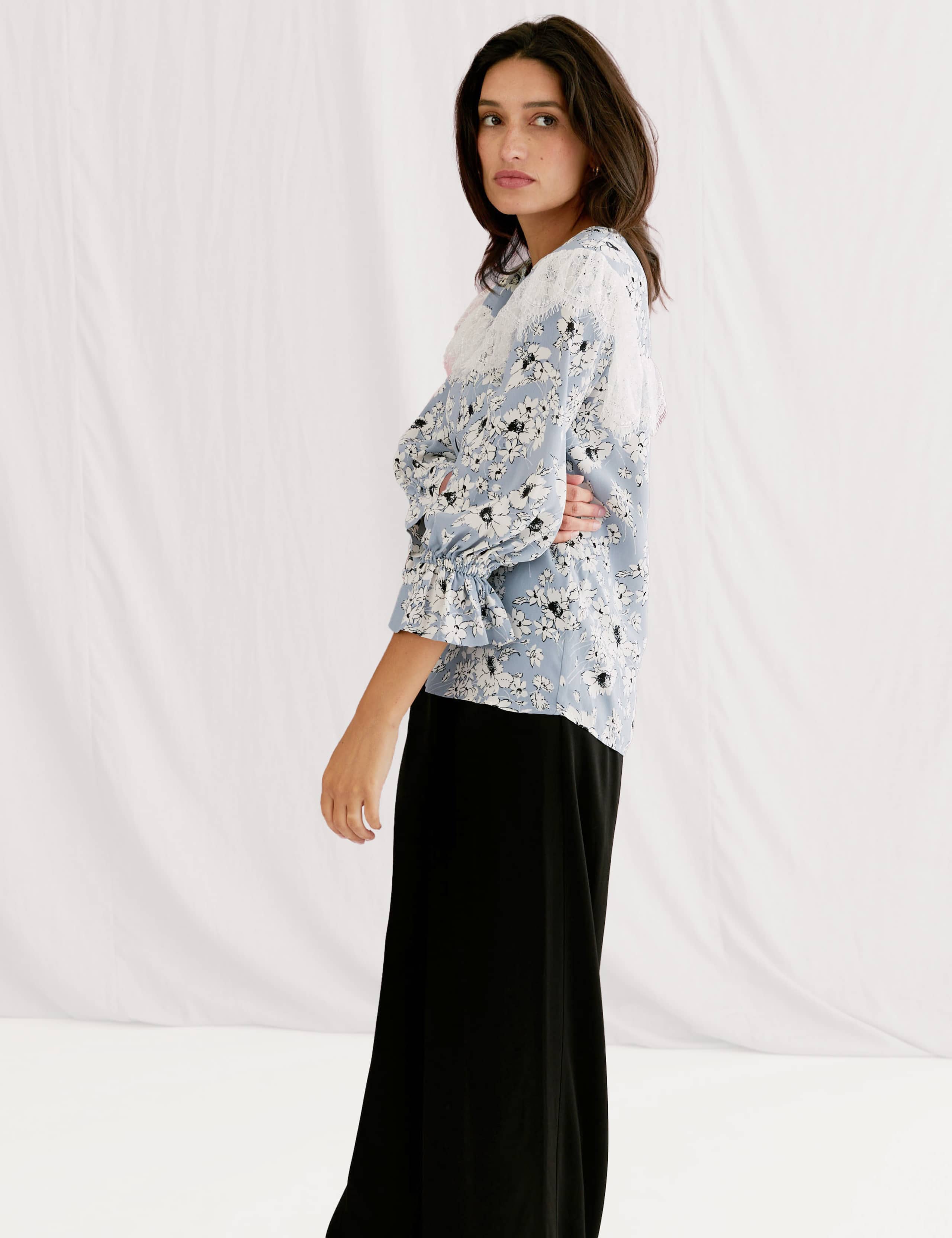 Sheer Floral Lace Detail 3/4 Sleeve Blouse 1 of 7