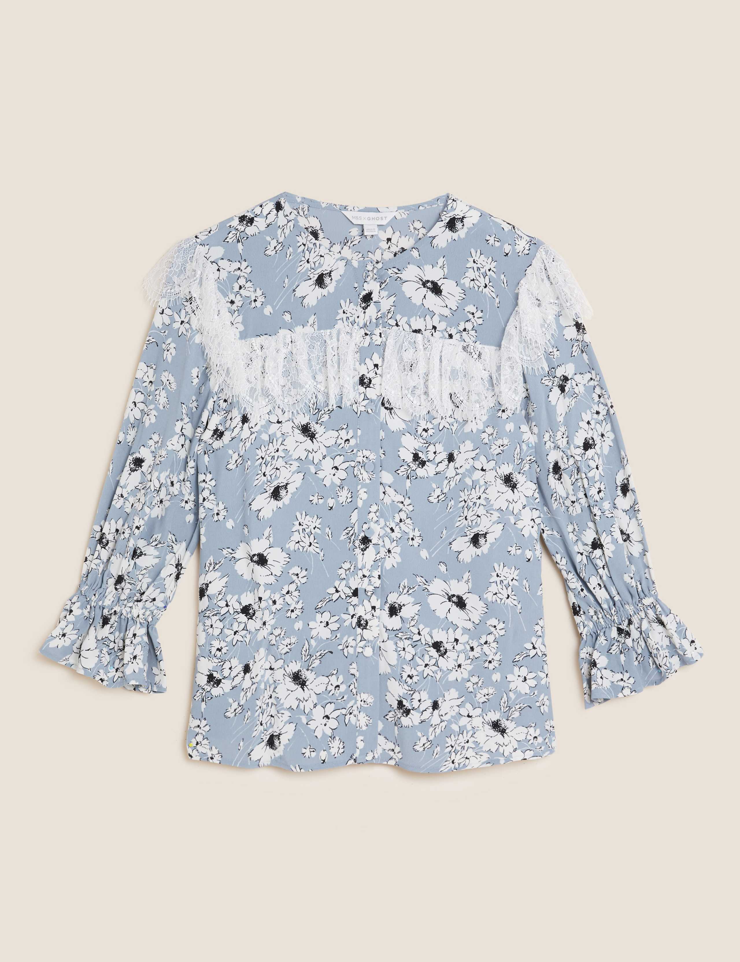 Sheer Floral Lace Detail 3/4 Sleeve Blouse 2 of 7