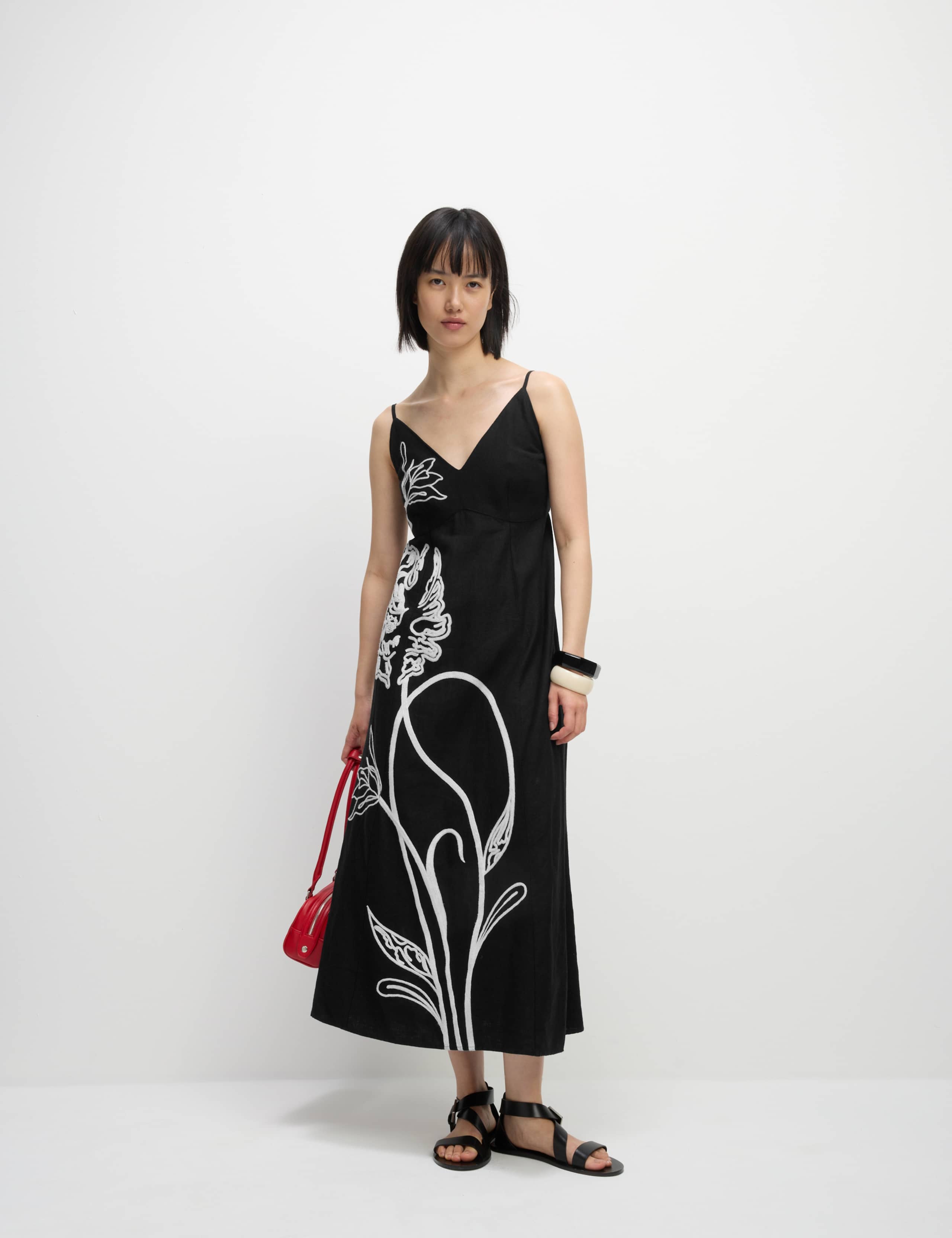 Linen Blend Embroidered V-Neck Slip Dress 3 of 6
