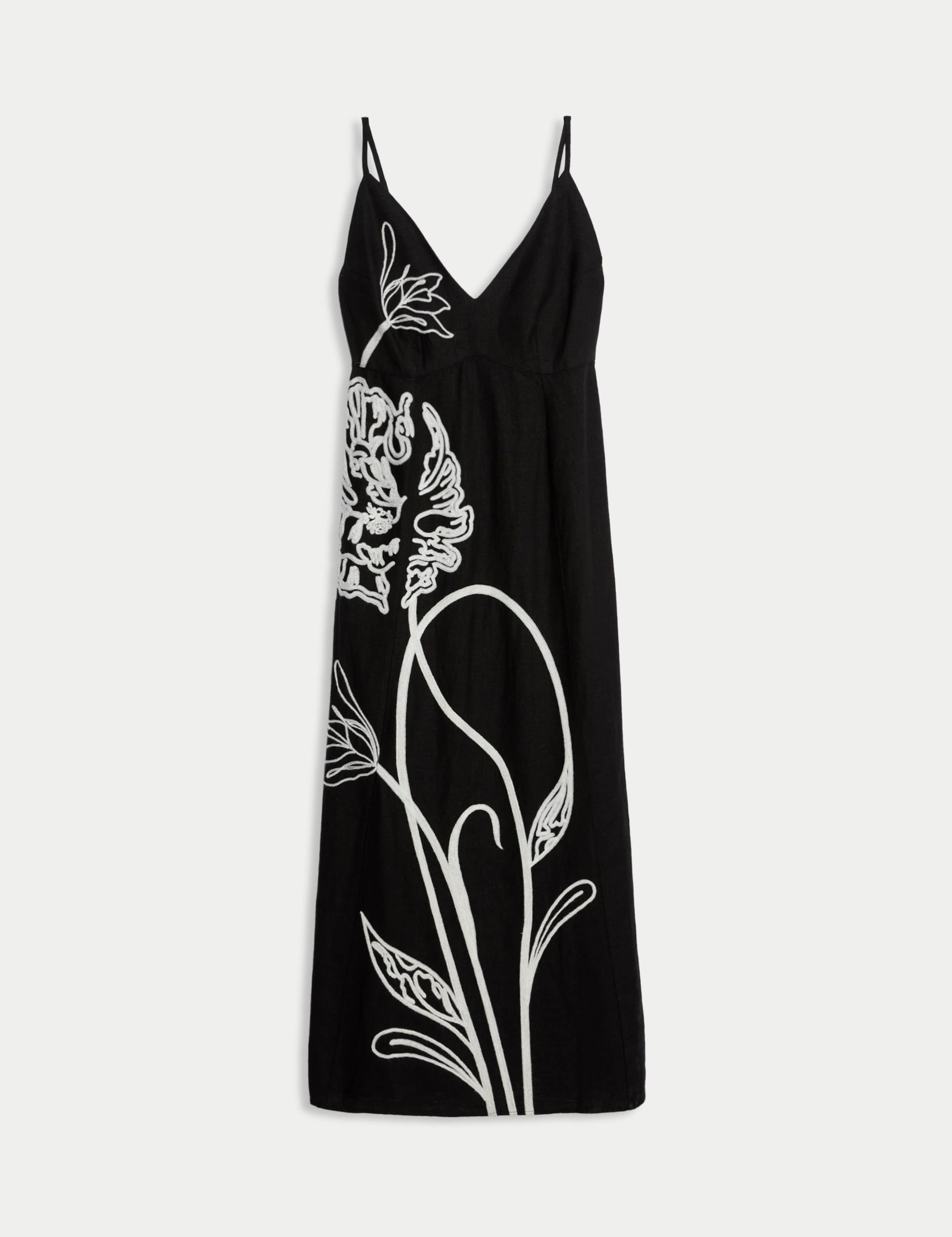Linen Blend Embroidered V-Neck Slip Dress 2 of 6