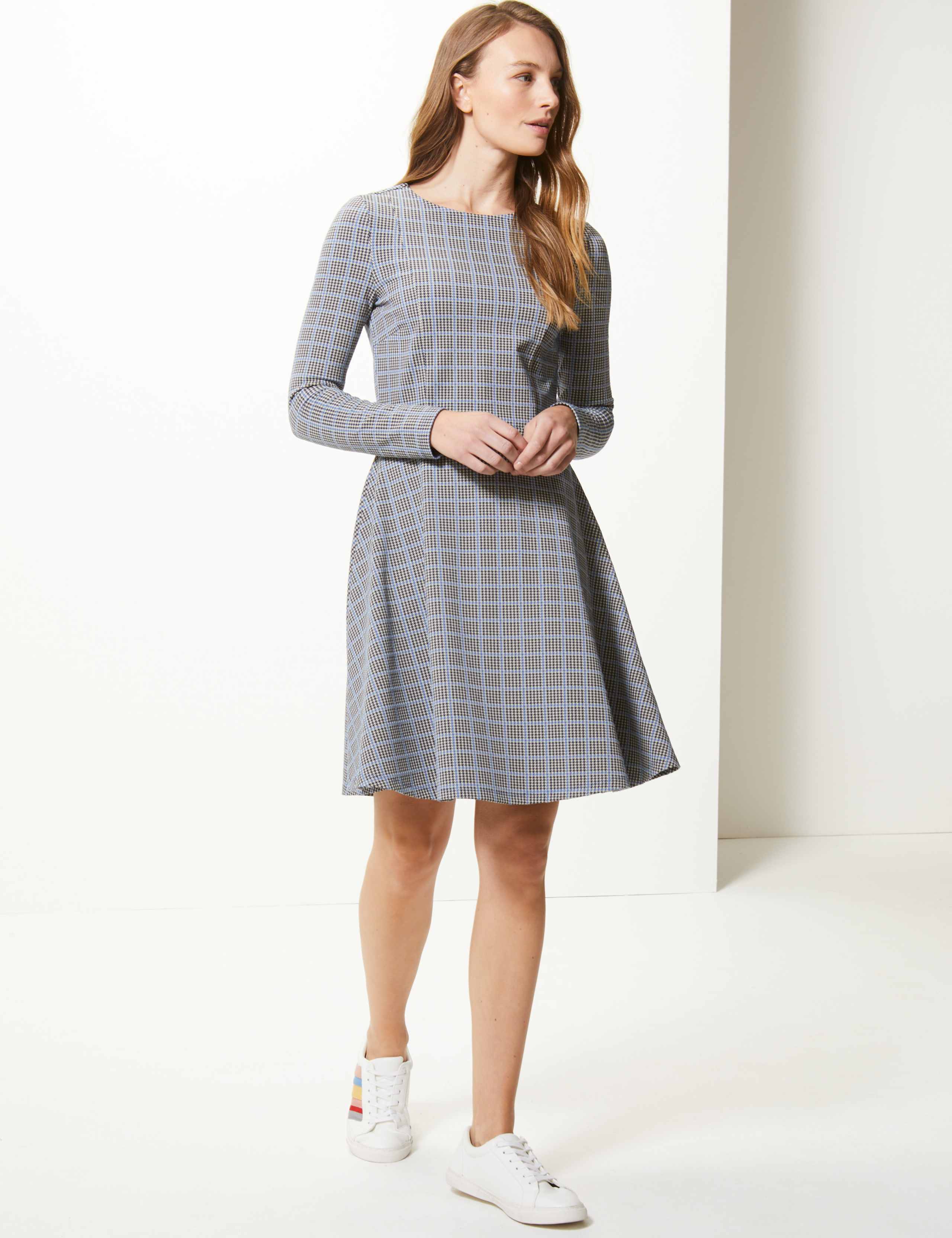 Checked Fit & Flare Knee Length Dress 1 of 4