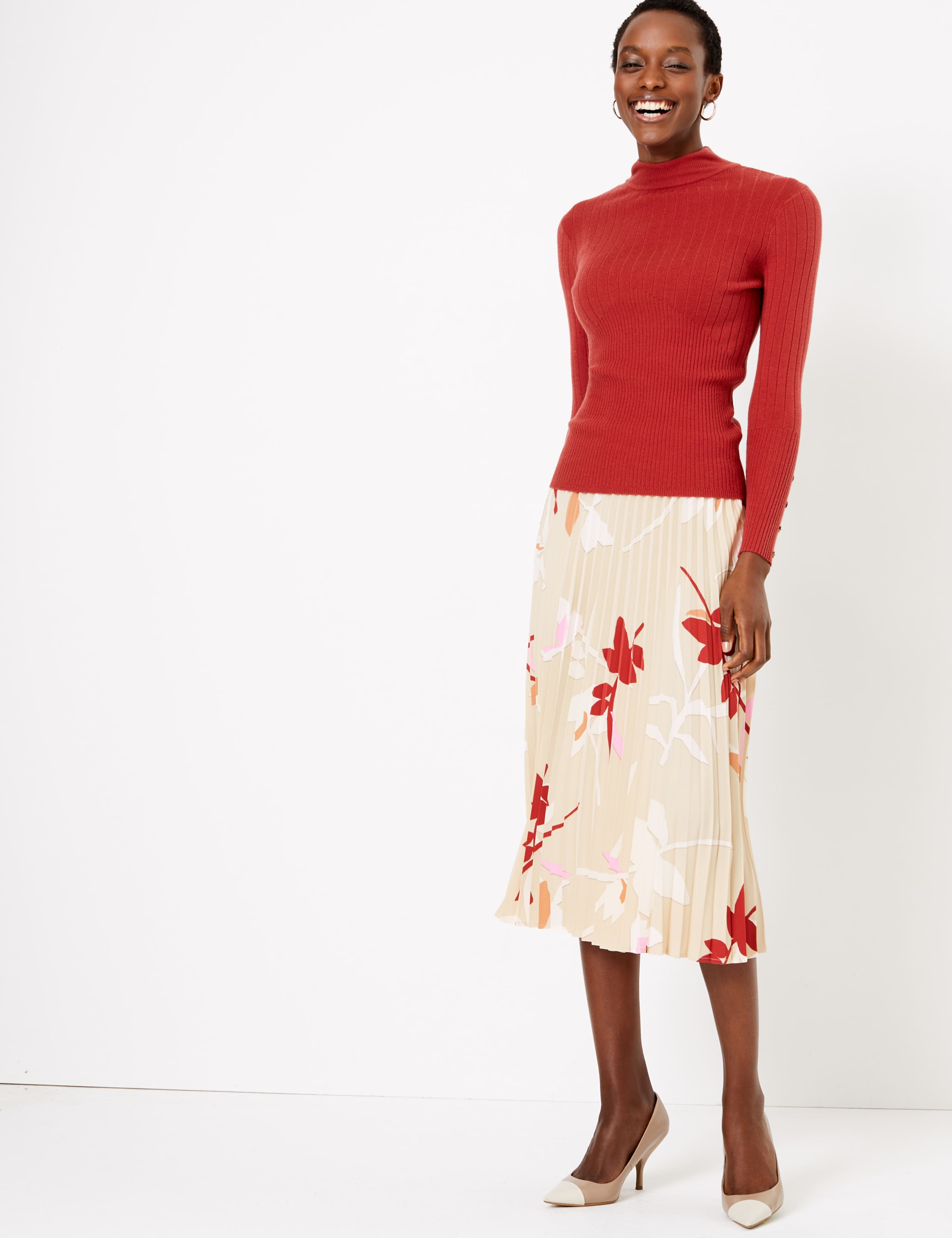 Pleated Midi Skirt Red Pleated Skirt Floral Leaf Print Pleated