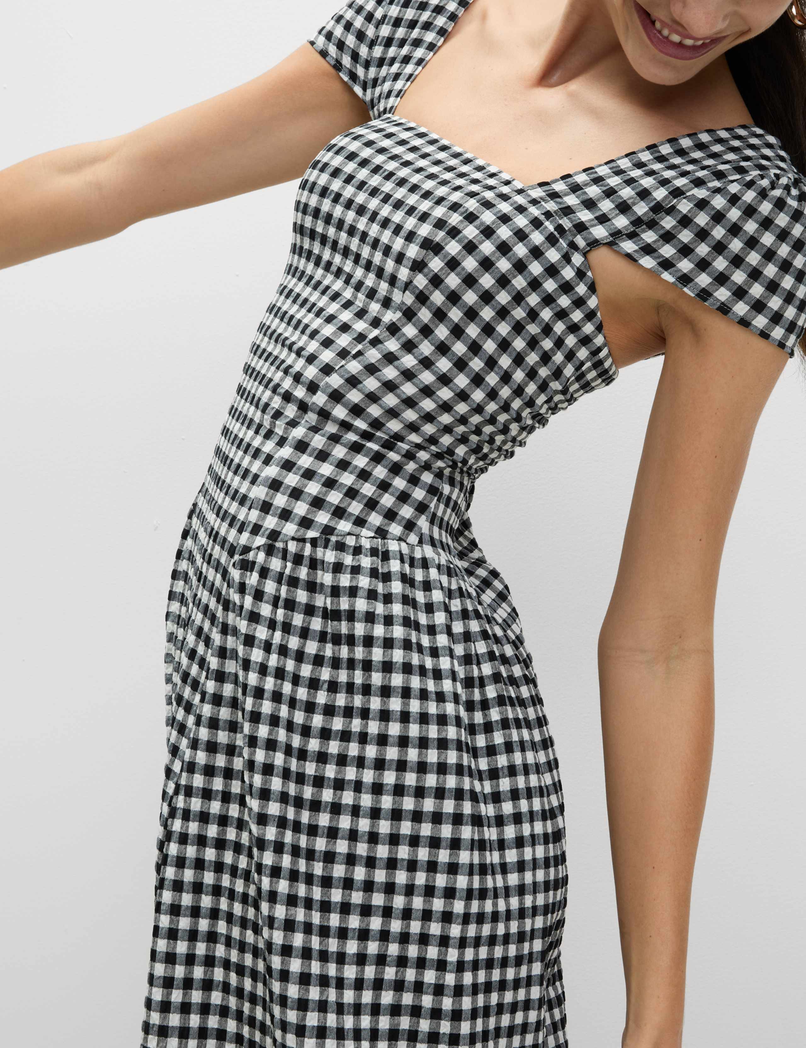 Cotton Rich Gingham Square Neck Midi Dress 1 of 7