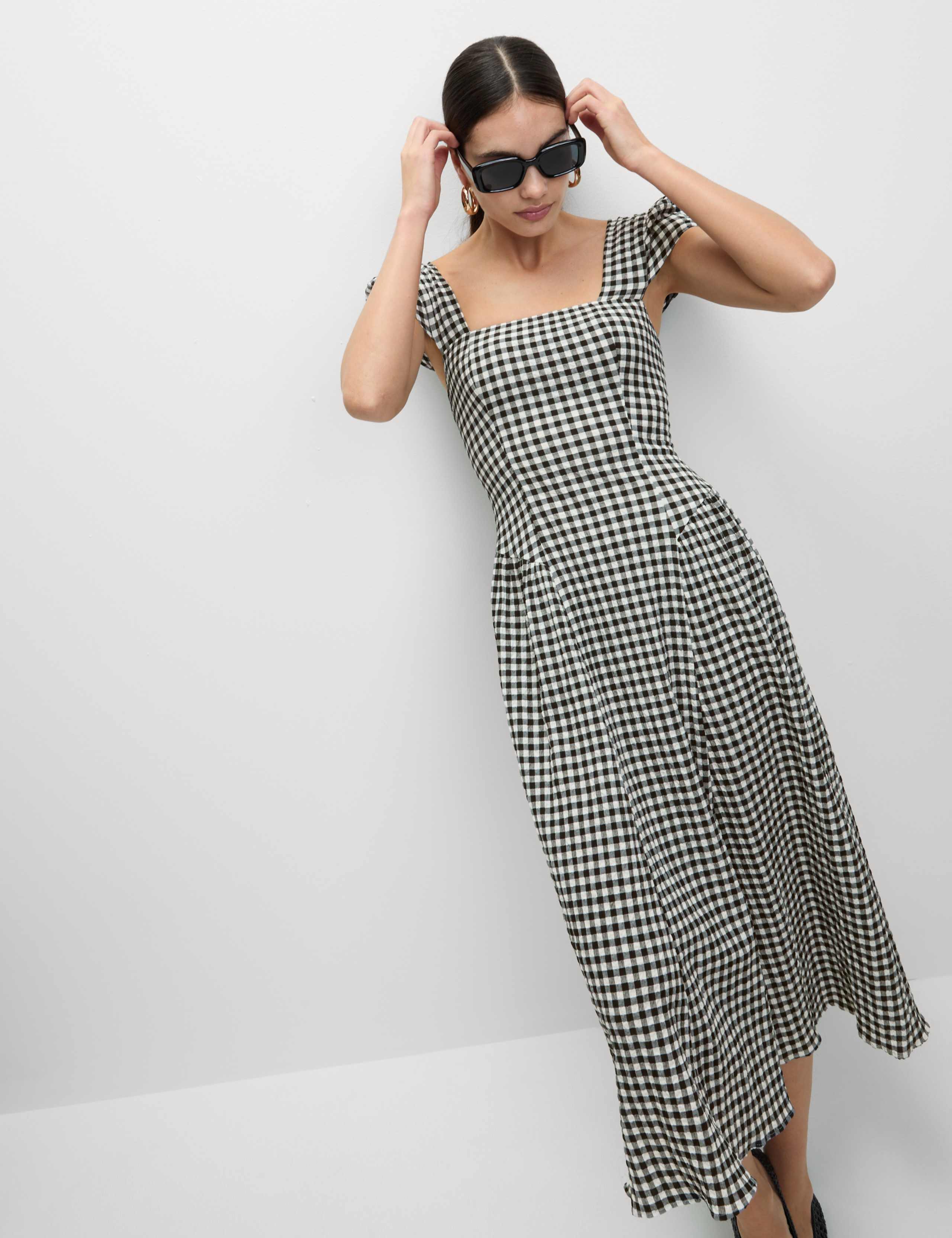 Cotton Rich Gingham Square Neck Midi Dress 3 of 7