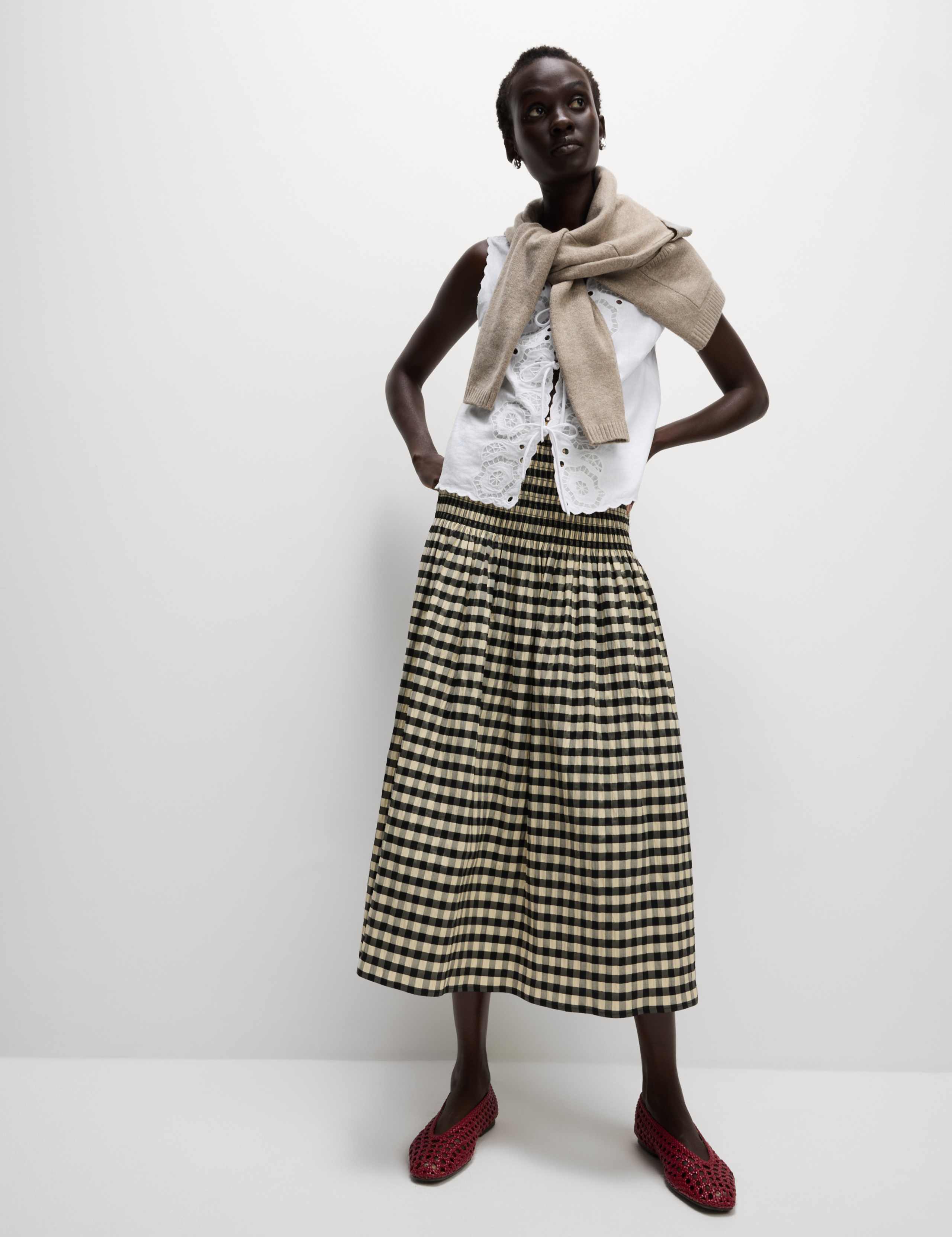 Cotton Blend Checked Midaxi A Line Skirt 3 of 6