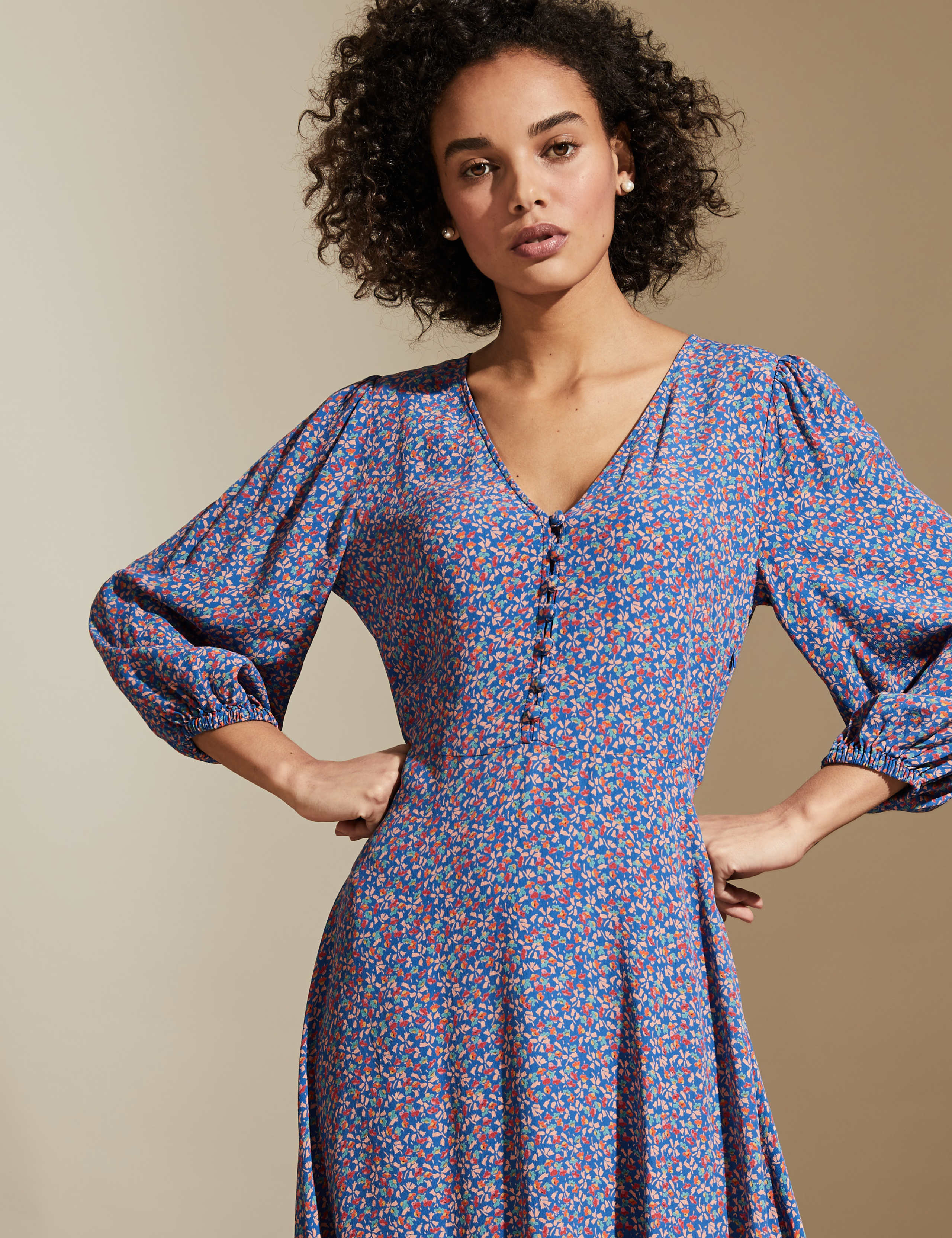 Ditsy Floral V-Neck Midaxi Tea Dress 1 of 7
