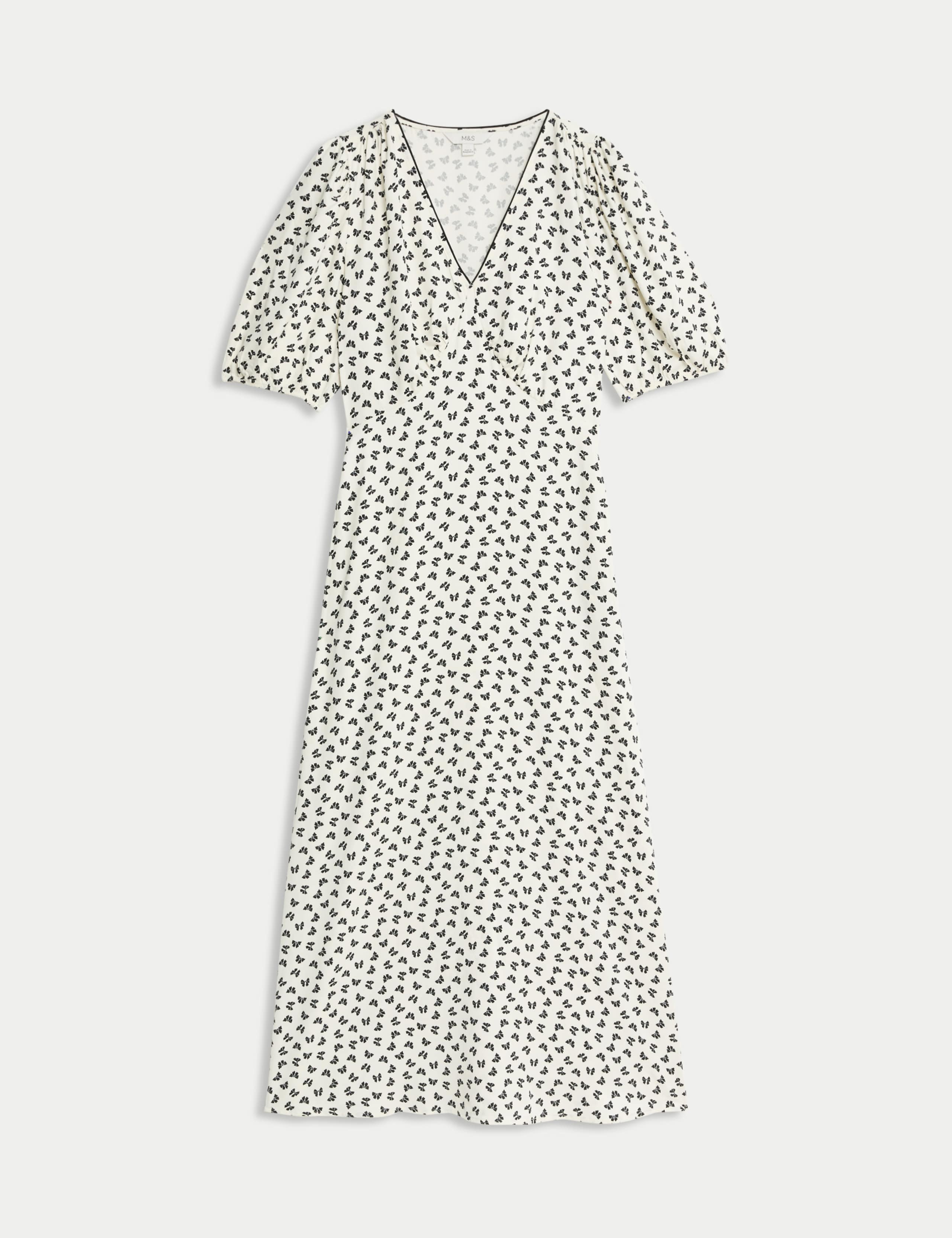 Printed V-Neck Puff Sleeve Midi Tea Dress 2 of 5