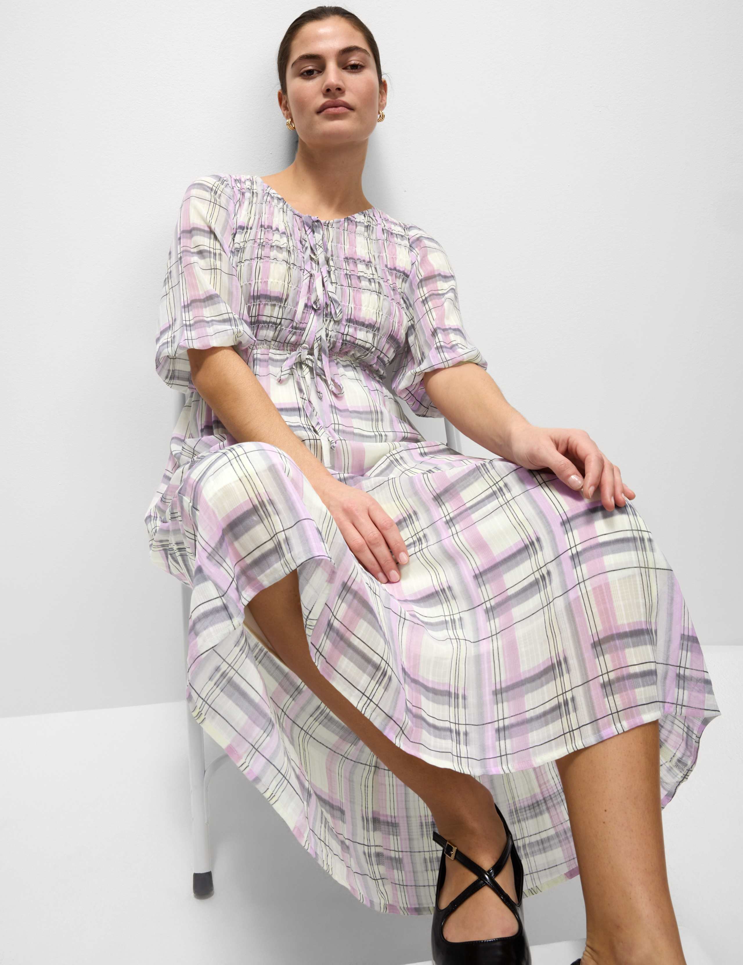 Printed Tie Front Midaxi Shirred Dress 1 of 4