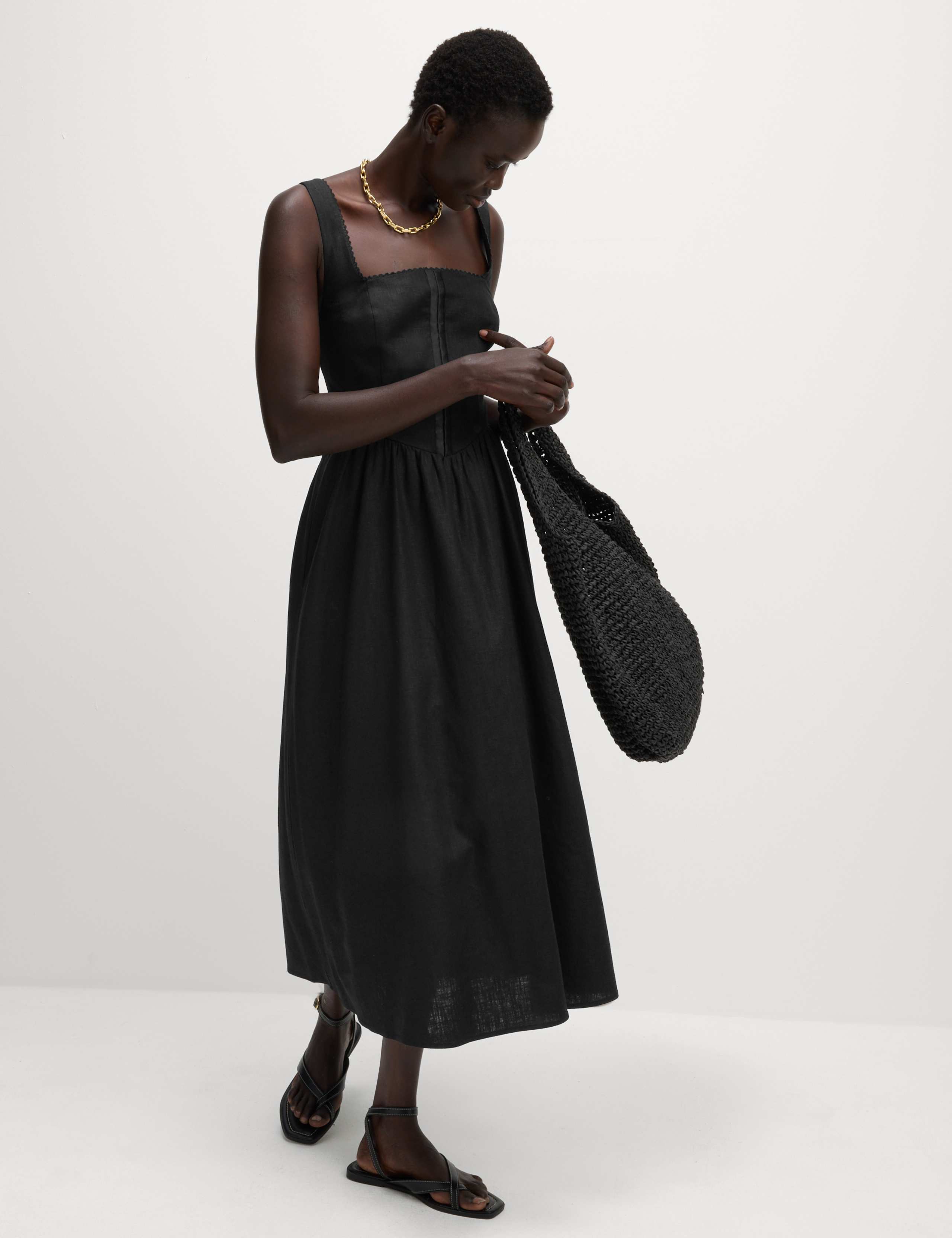 Linen Blend Square Neck Midi Skater Dress 3 of 5