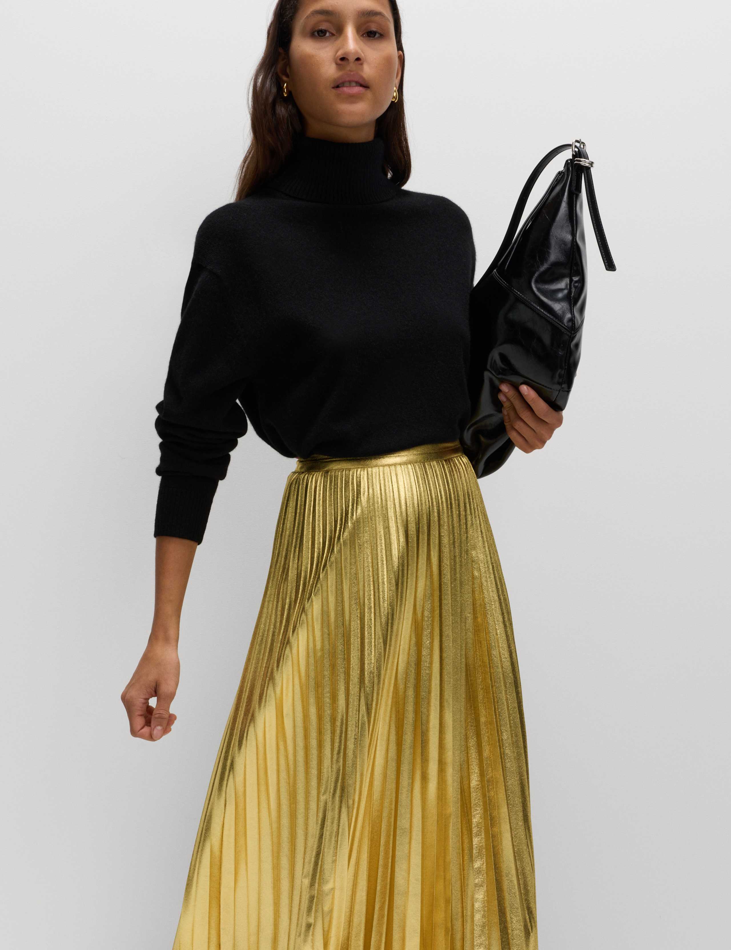Metallic Gold Pleated Midi Skirt 4 of 6