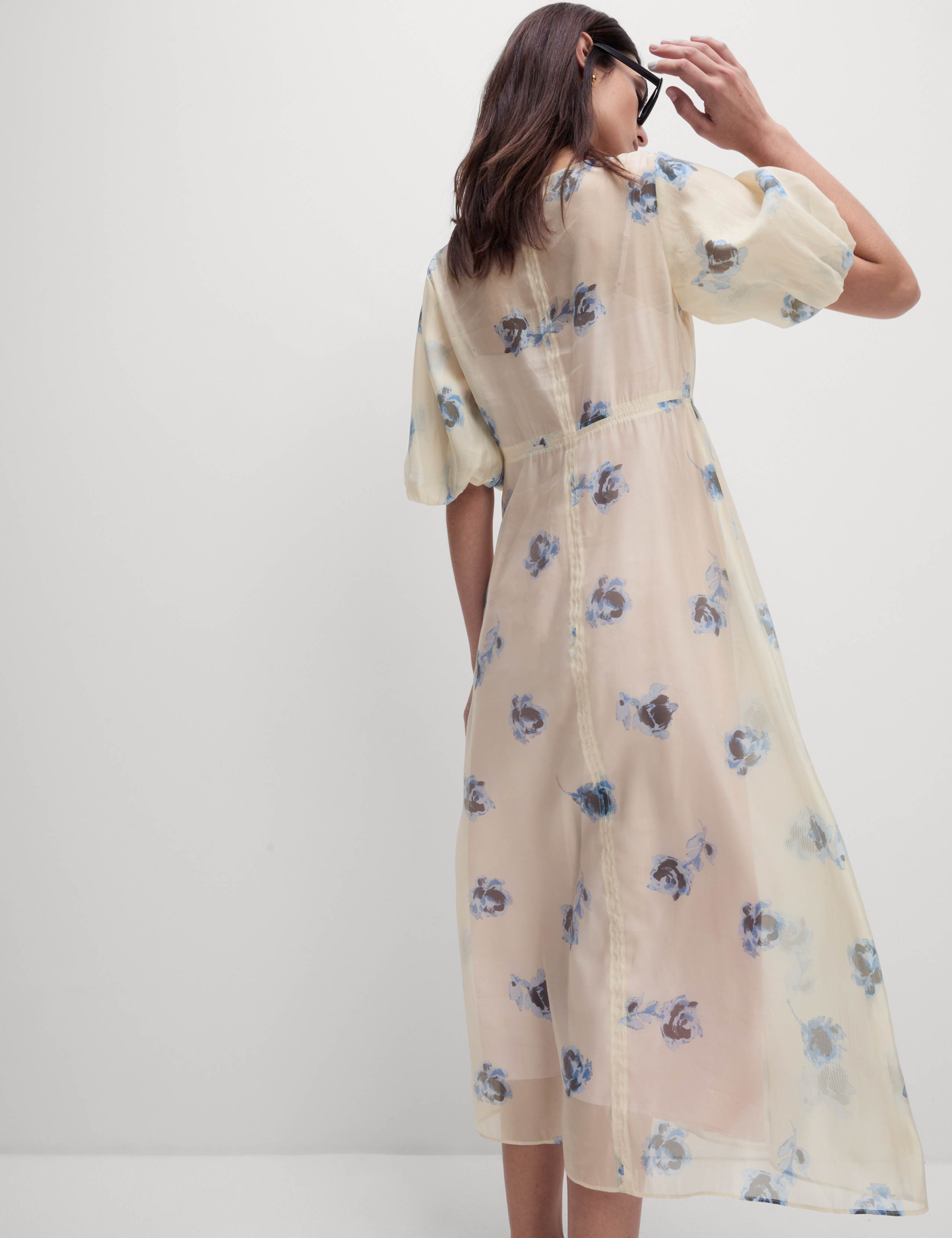 Sheer Printed V-Neck Midi Tea Dress 1 of 5