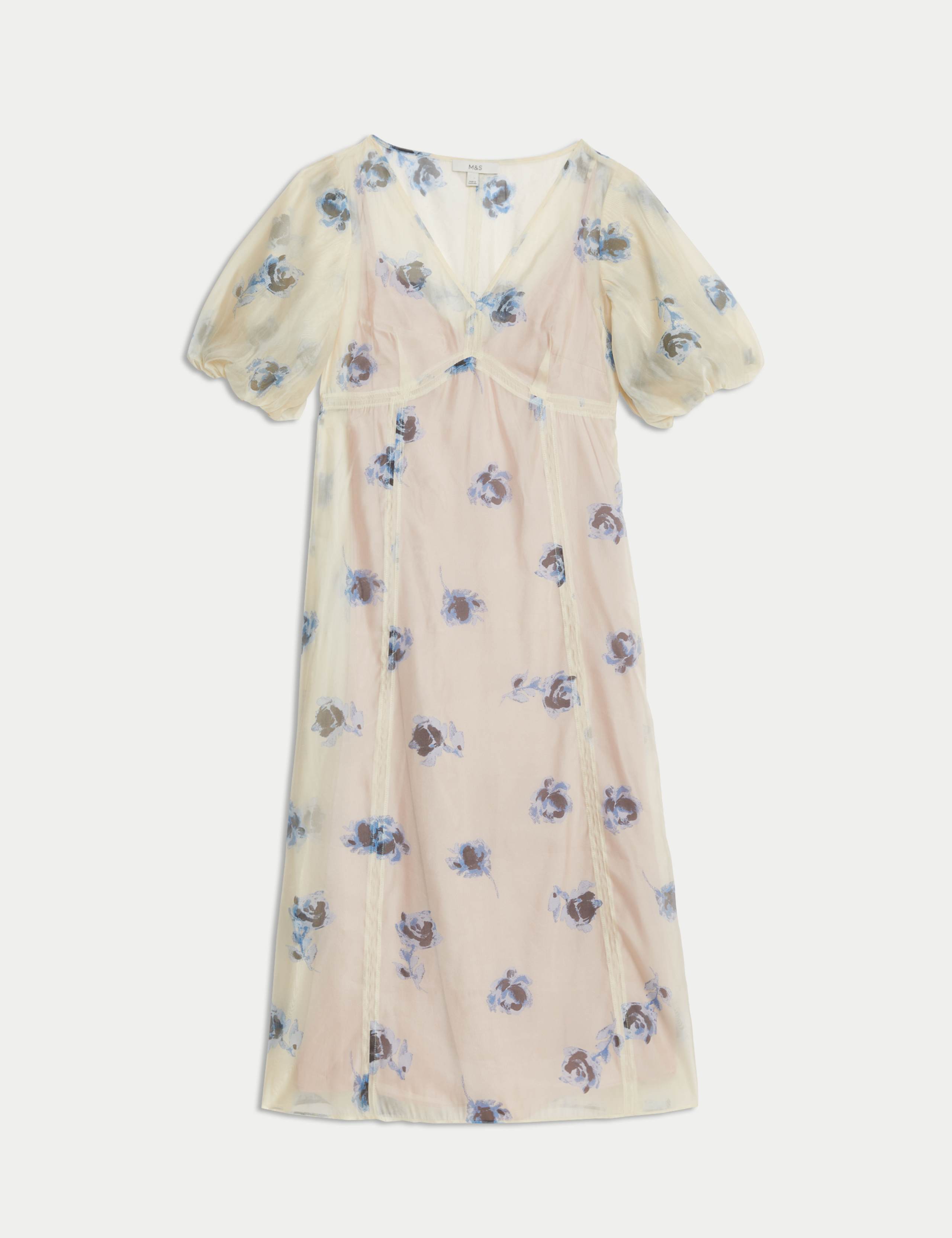 Sheer Printed V-Neck Midi Tea Dress 2 of 5