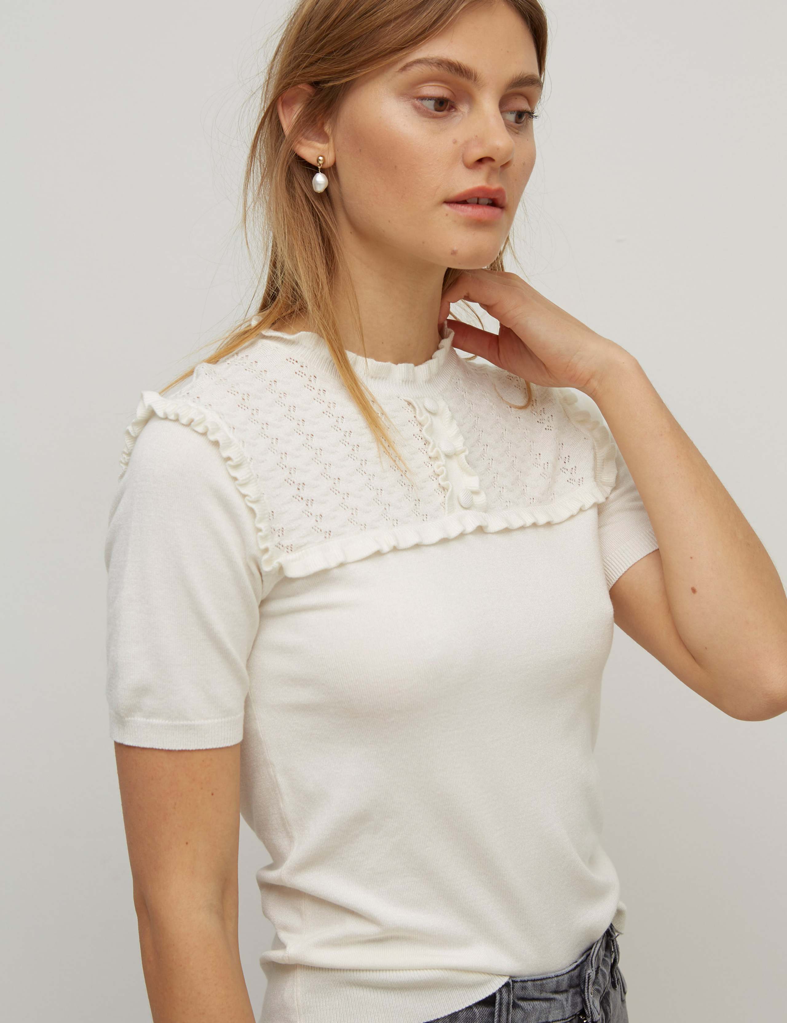 Pointelle Ruffle High Neck Top 1 of 4