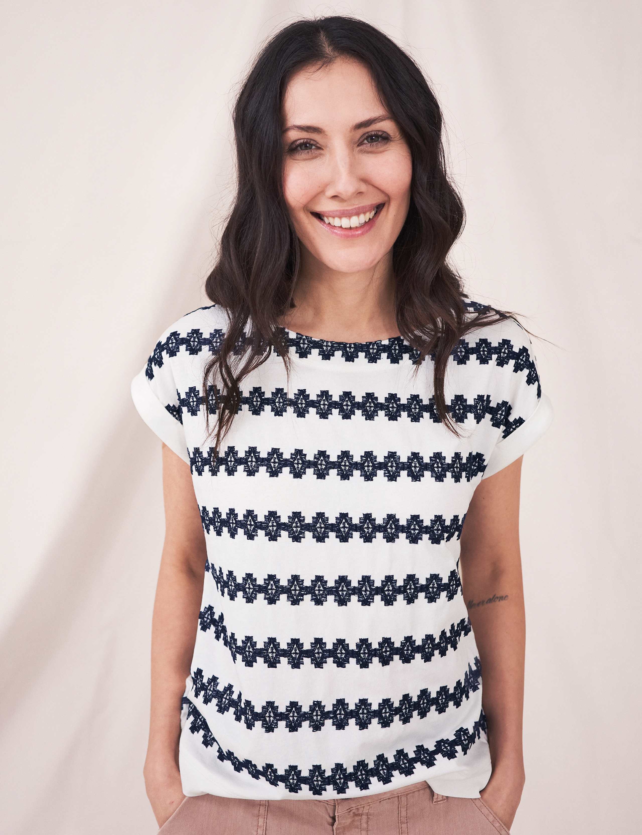 Pure Cotton Floral Slash Neck T-Shirt 1 of 4