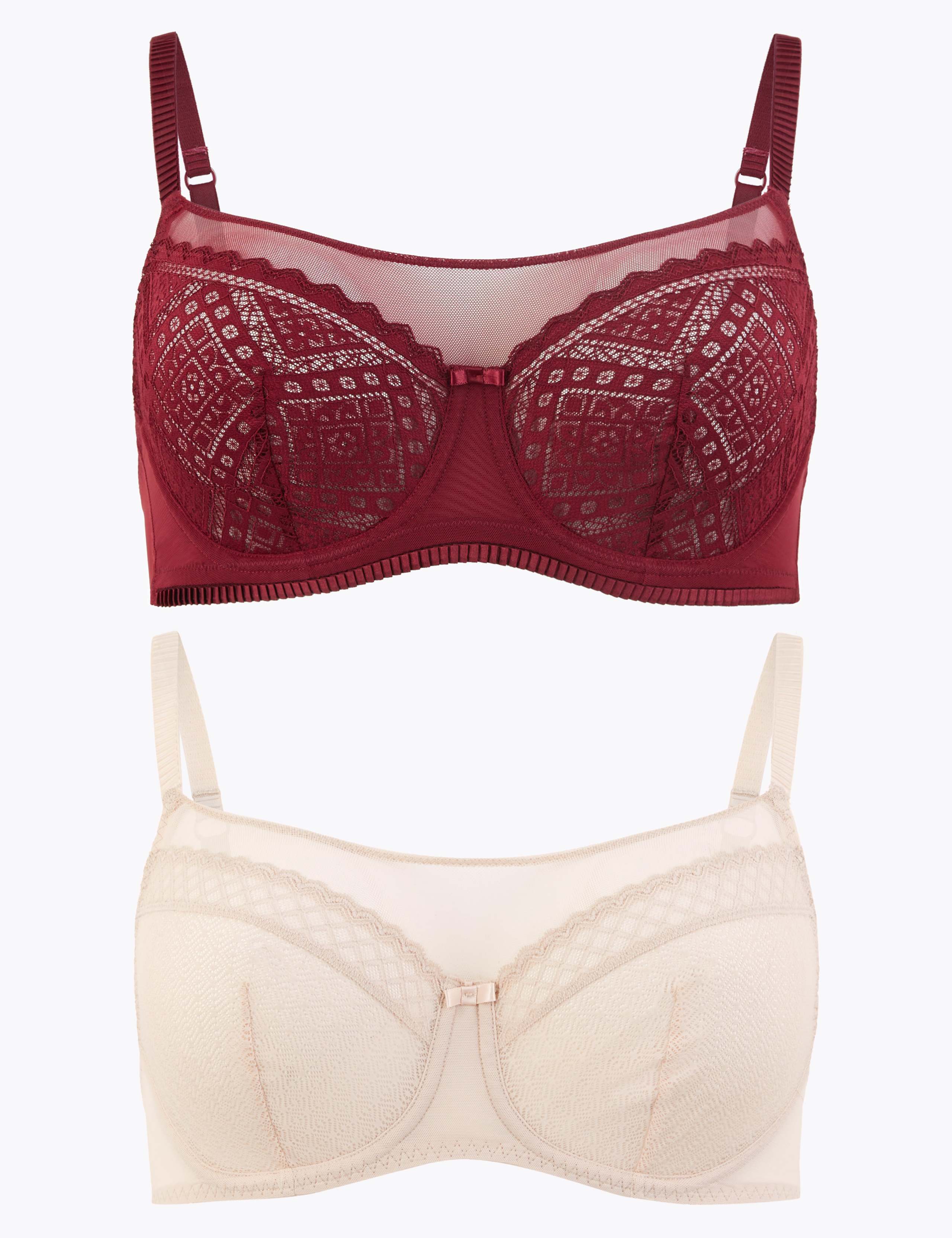 2 Pack Mesh Lace Panel Balcony Bras A-G 1 of 8