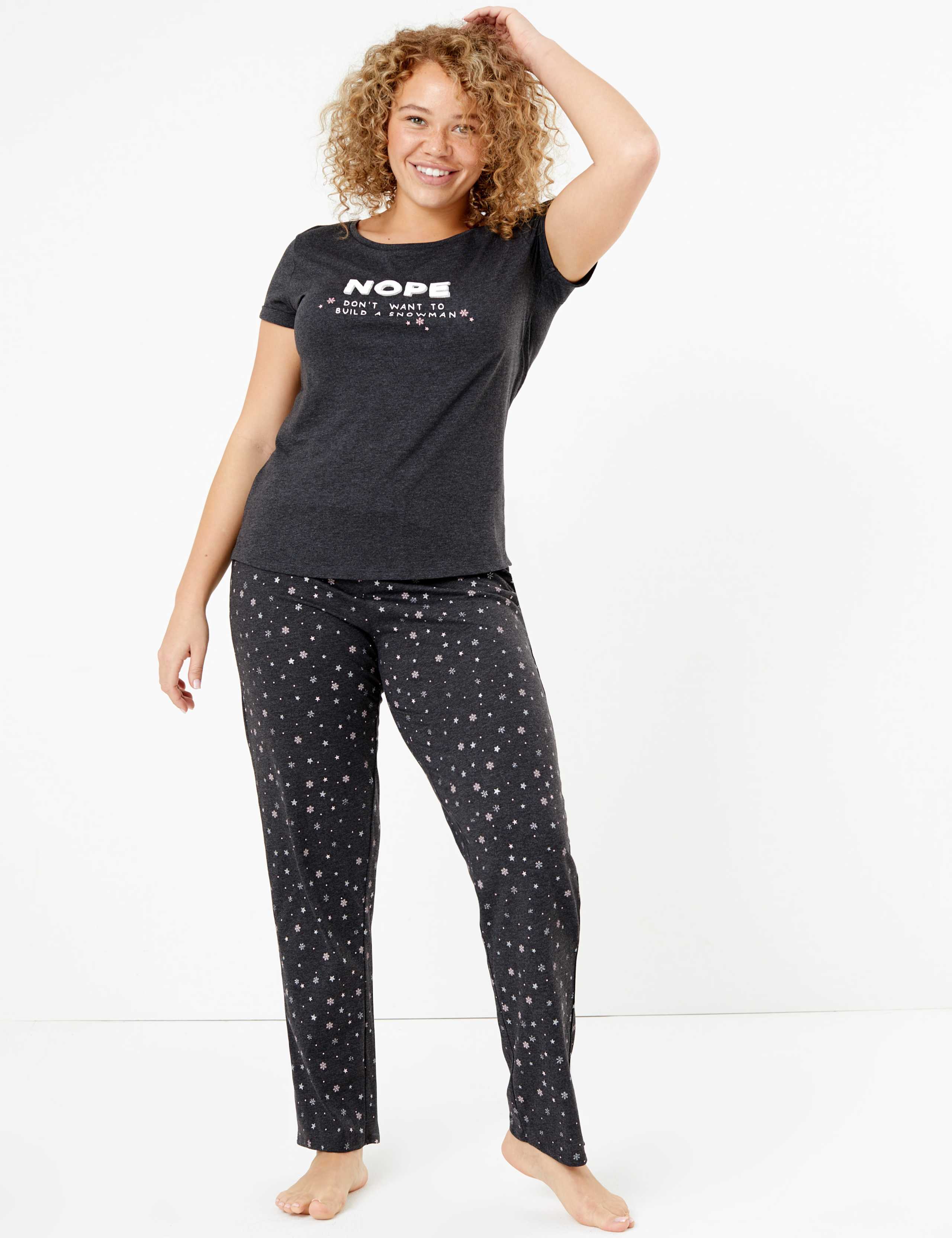 Nope Slogan Snowflake Print Pyjama Set 1 of 4