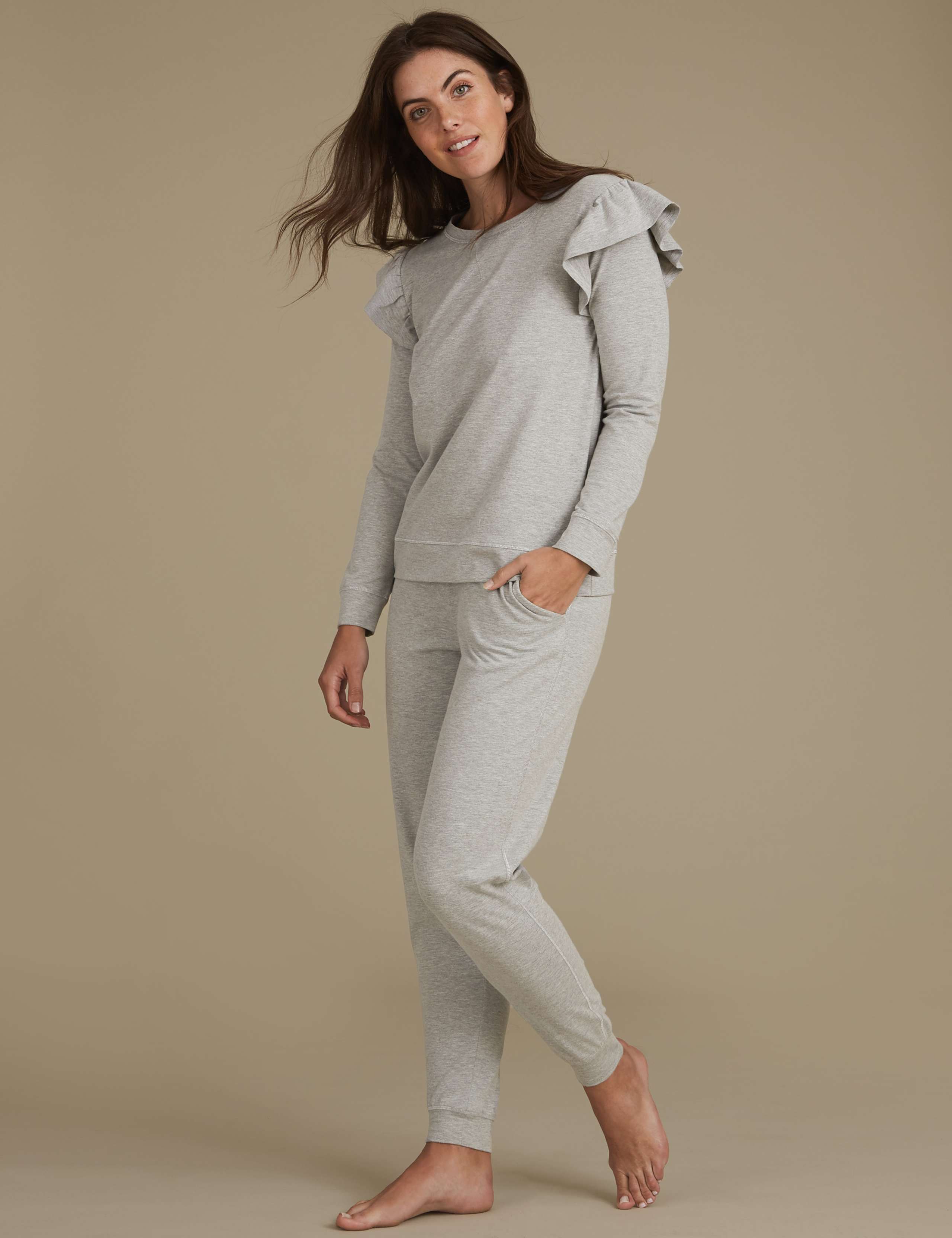 Ruffle Sleeve Ribbed Hem Pyjama Set 1 of 6