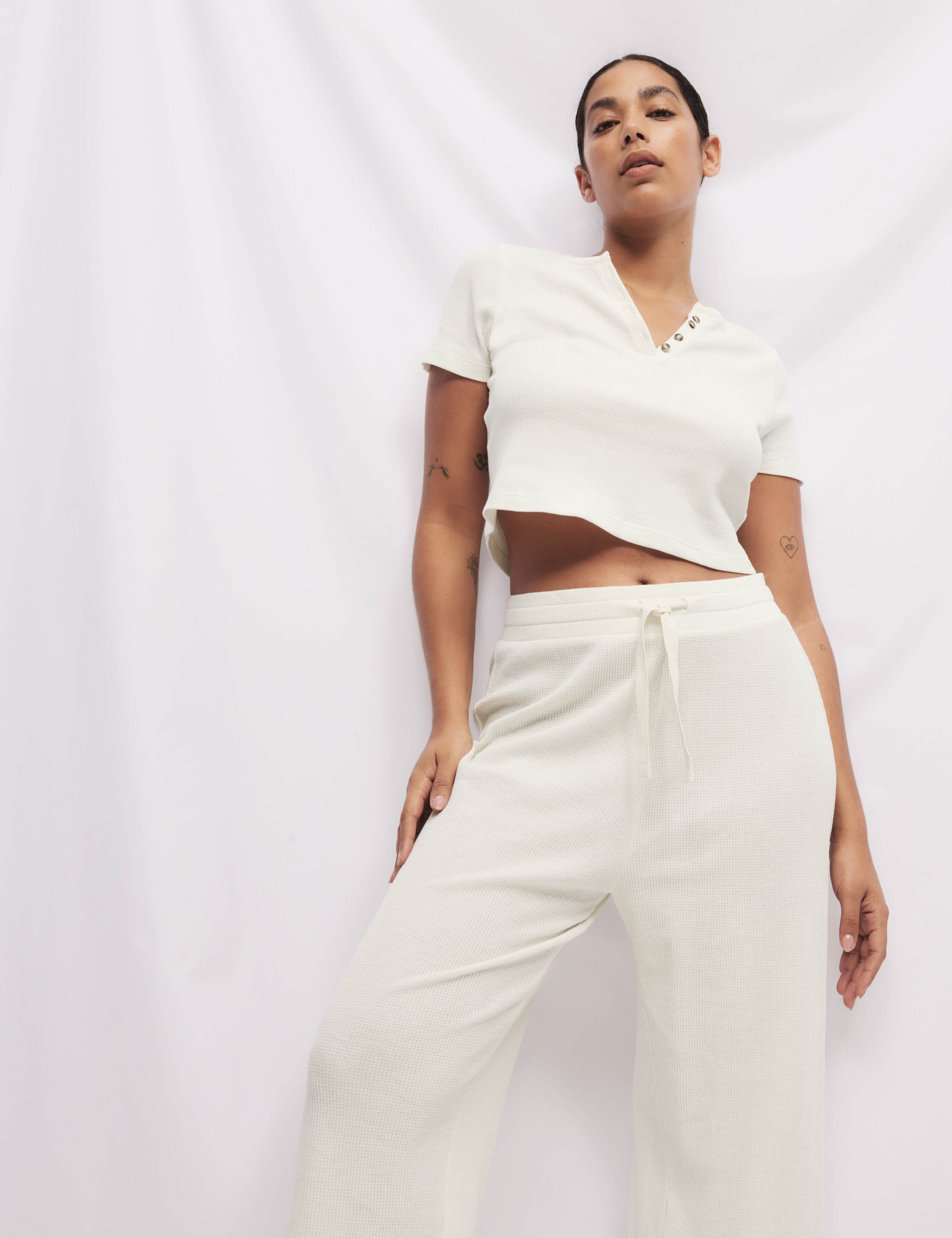 Cropped Cotton Blend Waffle Henley Pyjama Set 4 of 6