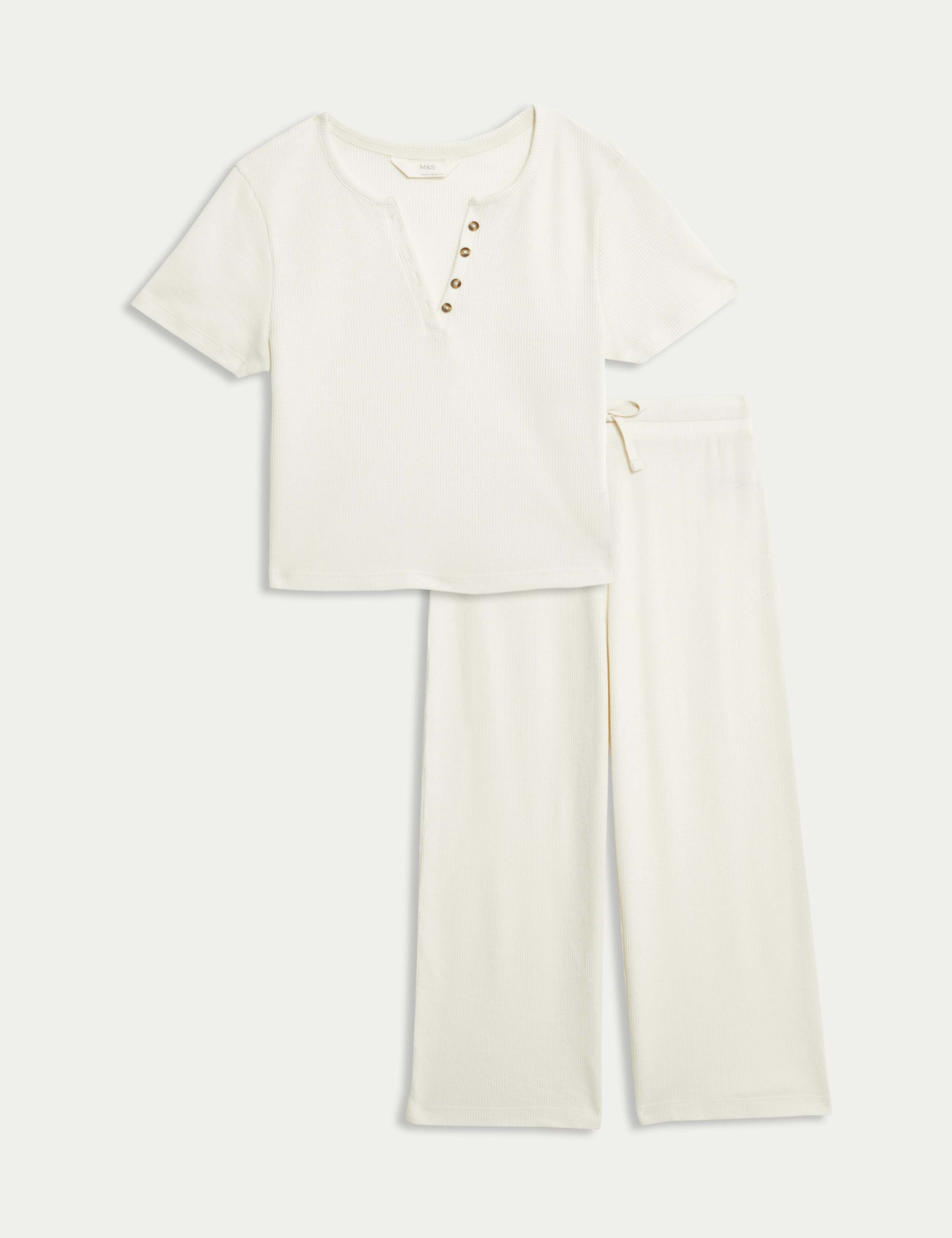 Cropped Cotton Blend Waffle Henley Pyjama Set 2 of 6