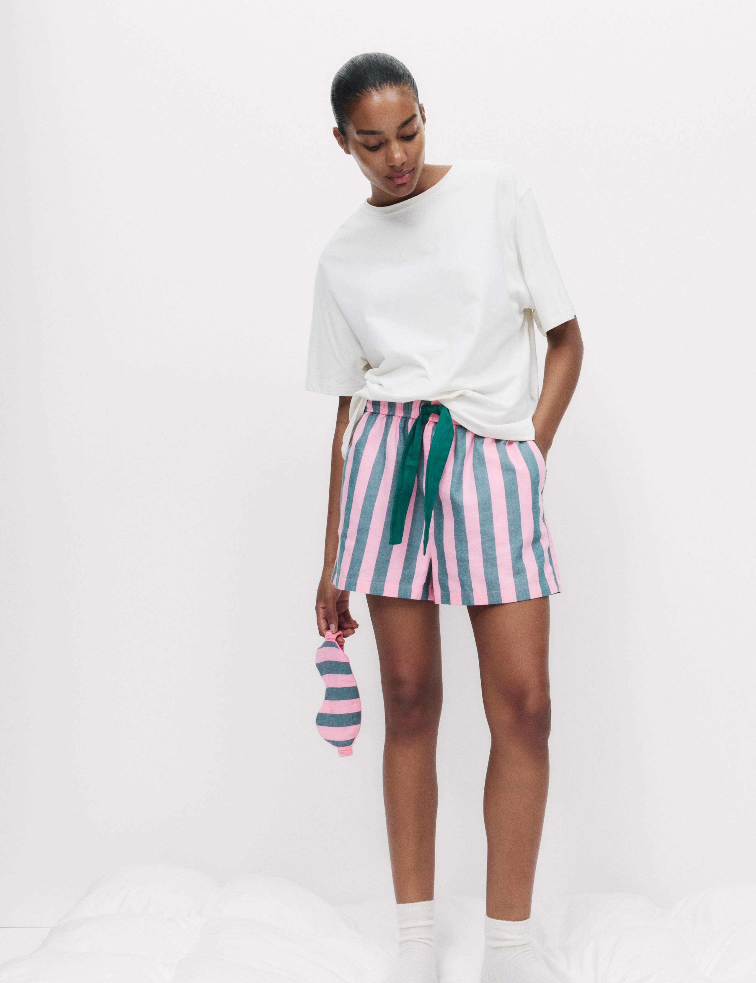 Pure Cotton Striped Shortie Set with Eye Mask 2 of 4