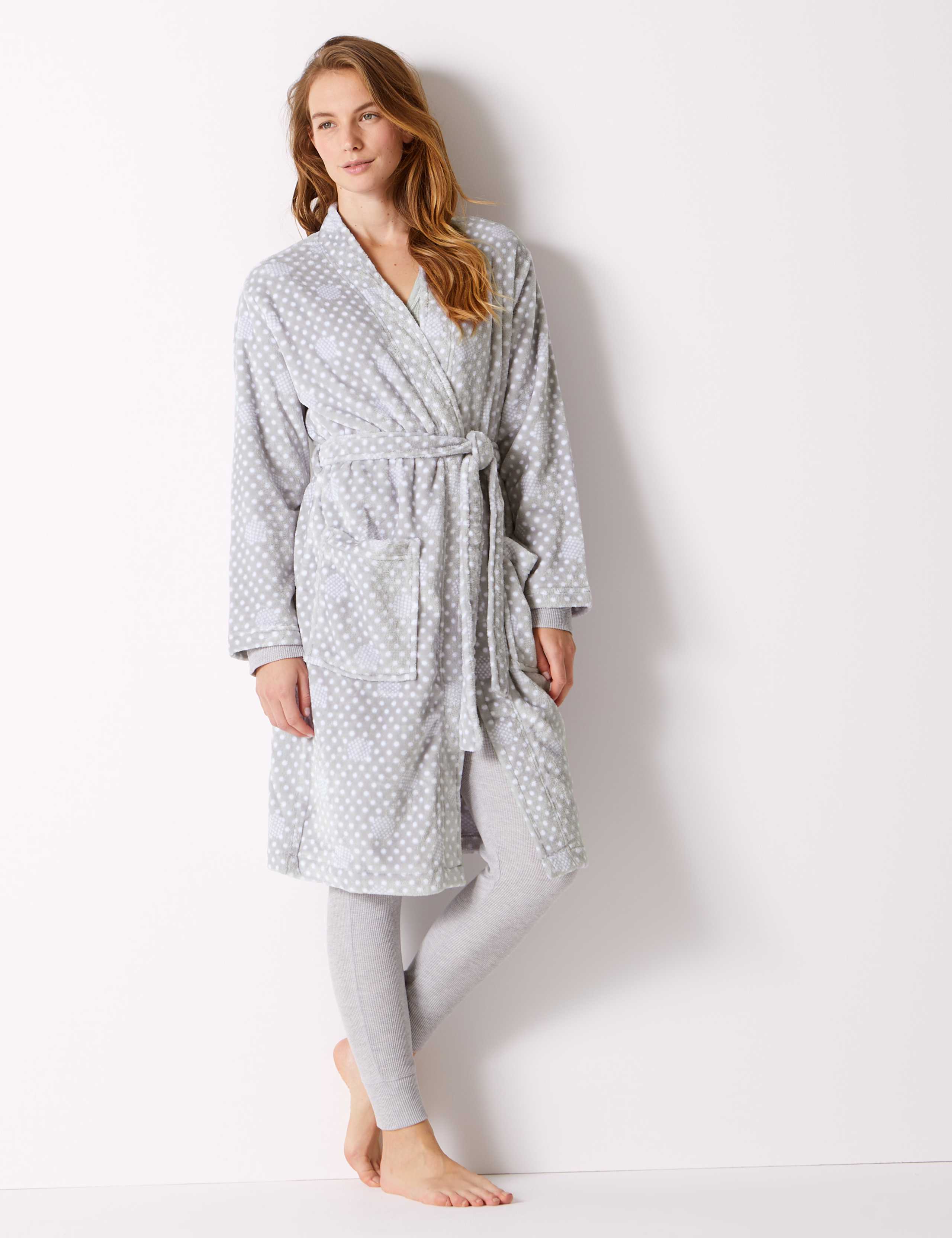 Fleece Spot kimono Dressing Gown 1 of 4
