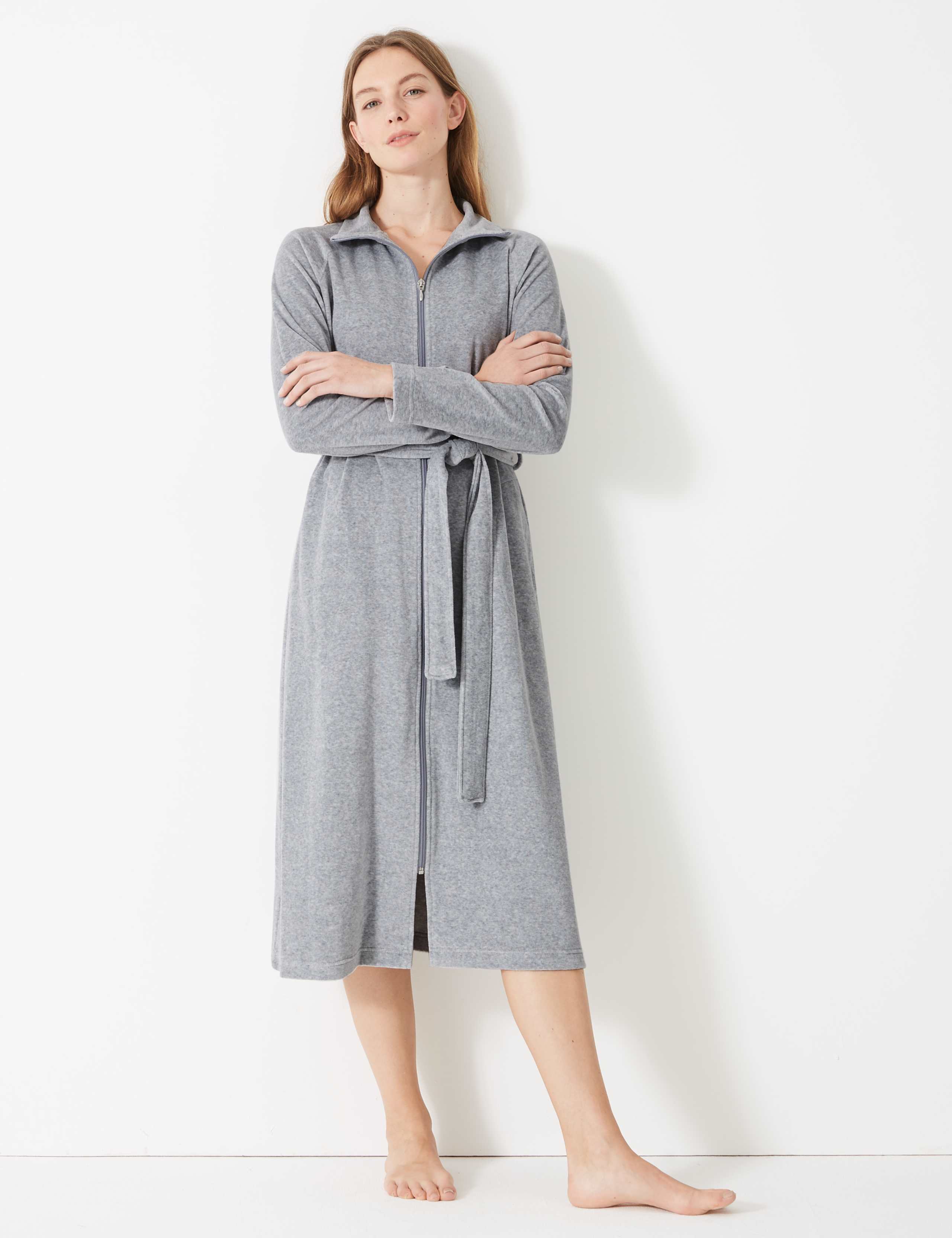 Velour Funnel Neck Zip-up Dressing Gown 1 of 4