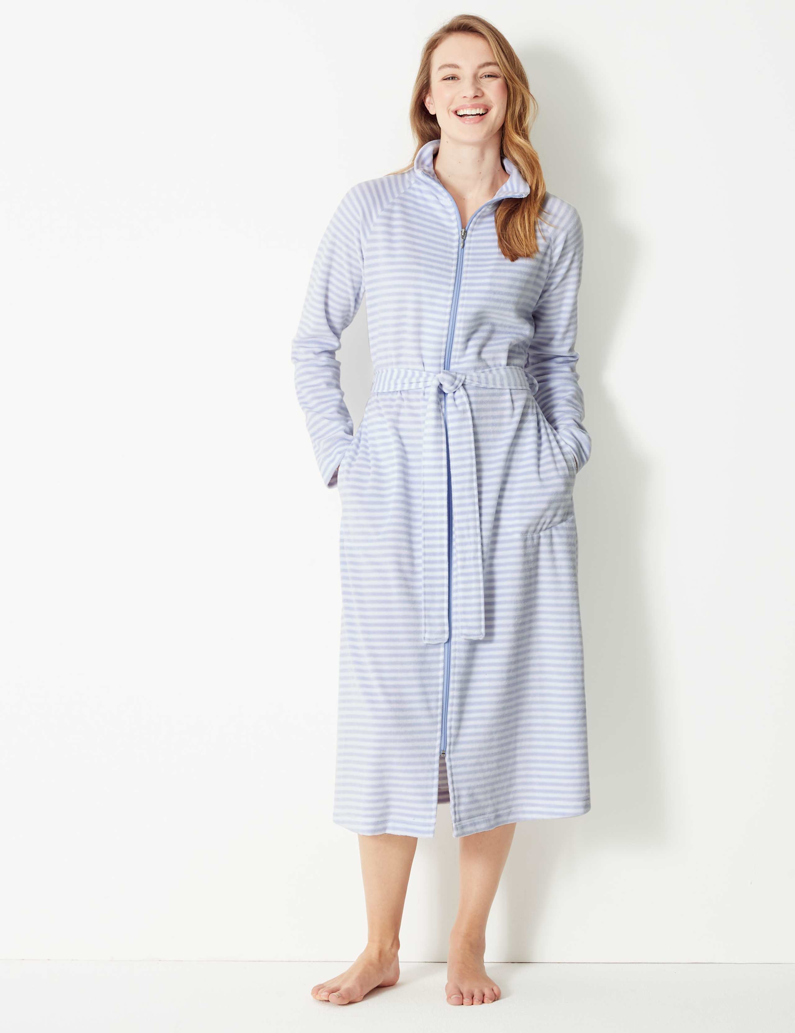 Velour Striped Zip-up Dressing Gown 1 of 4