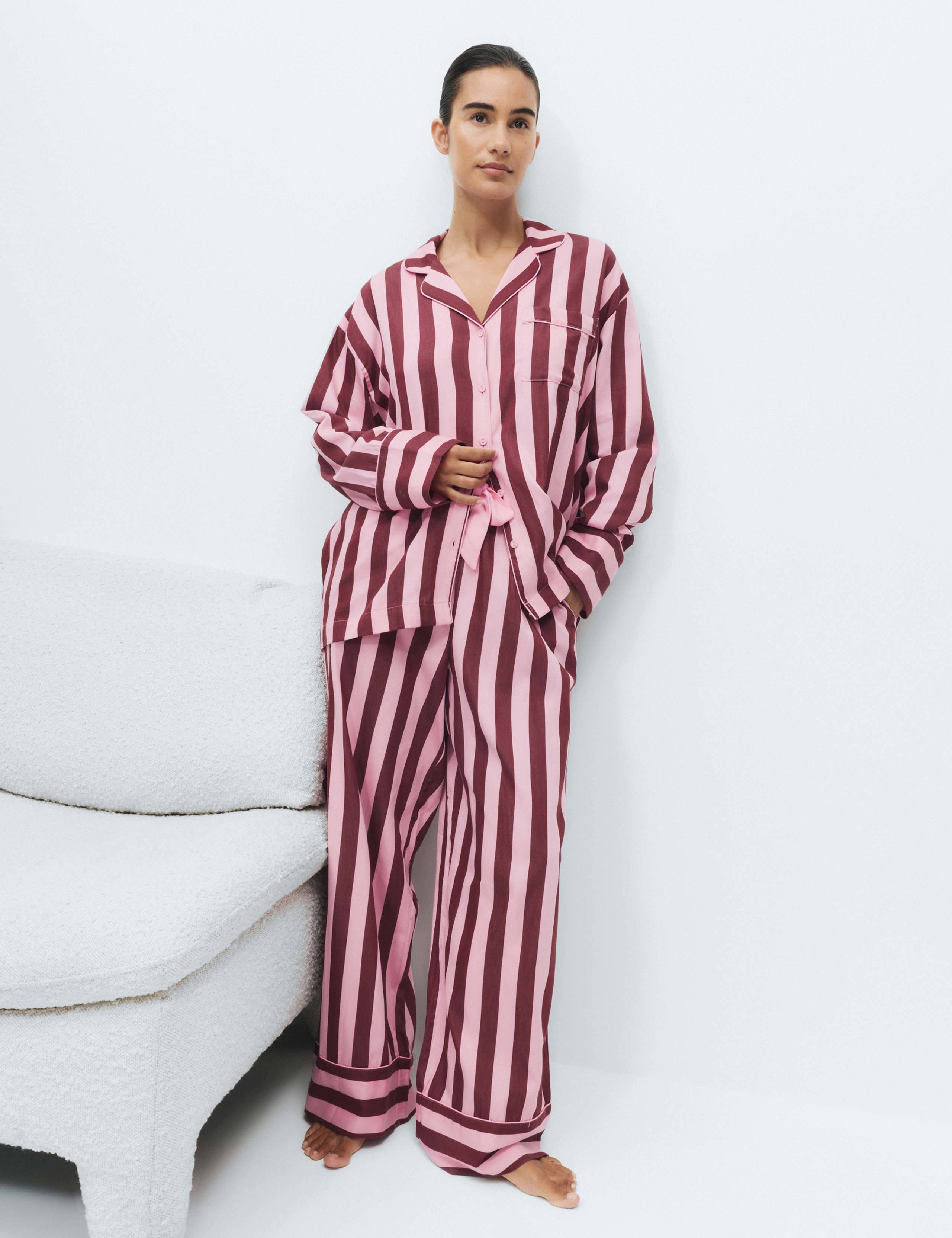 Cotton Sateen Stripe Long Sleeve Revere Pyjama Set 1 of 6