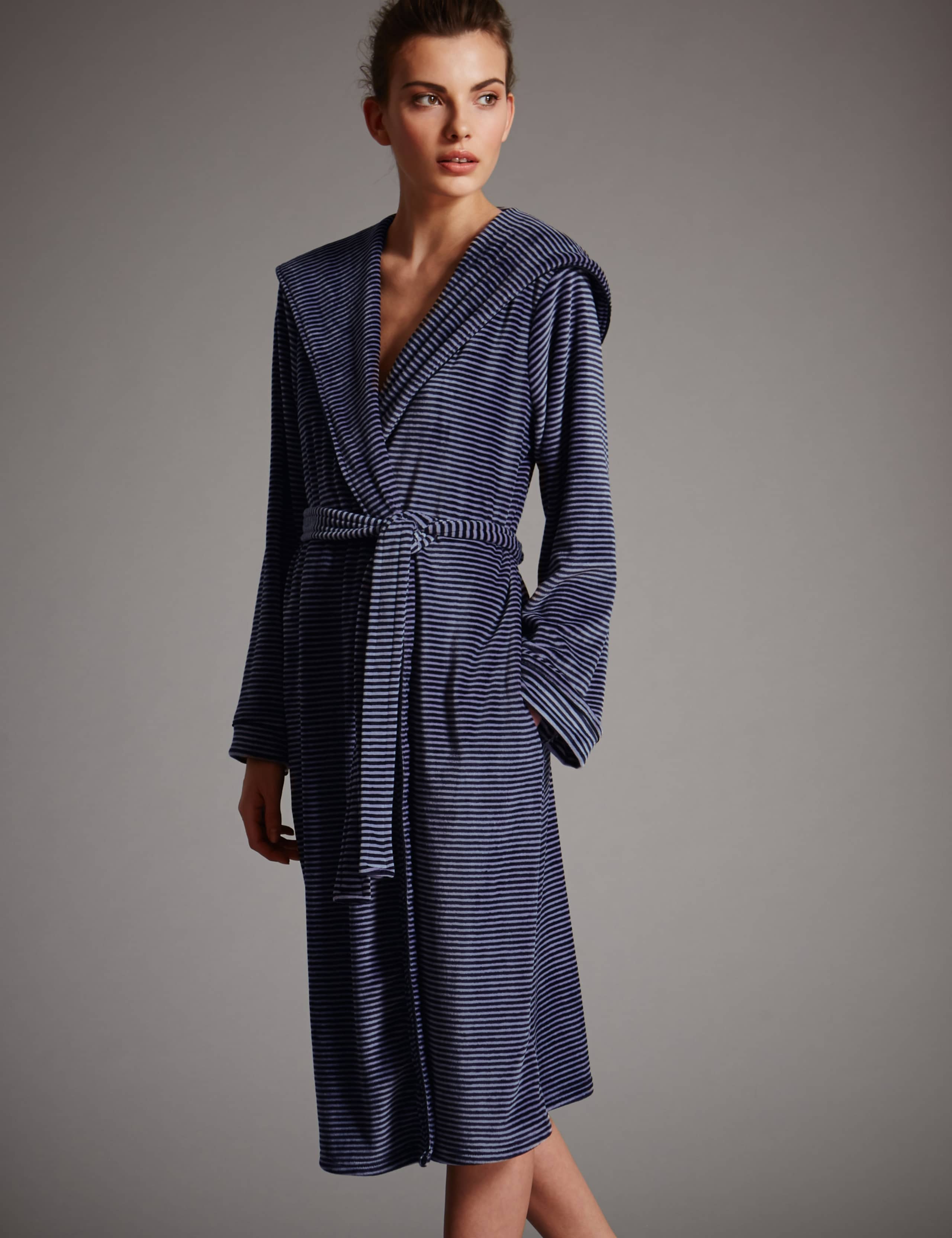 Luxury Hooded Striped Fleece Dressing Gown 1 of 4