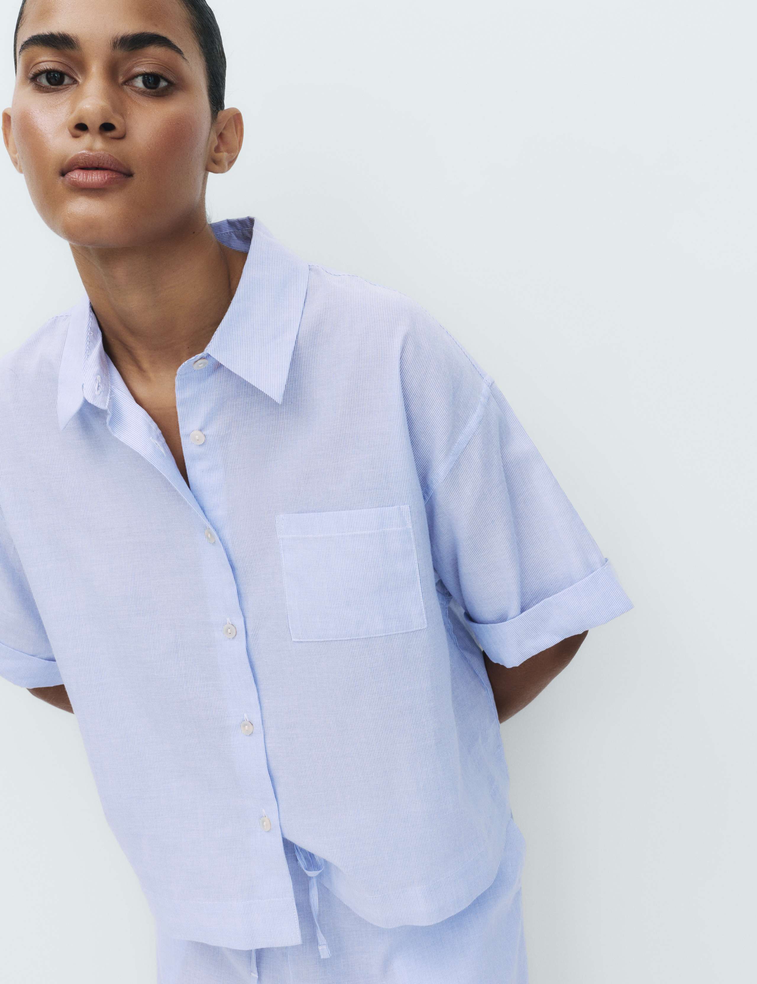 Pure Cotton Woven Stripe Collared Pyjama Top 1 of 6