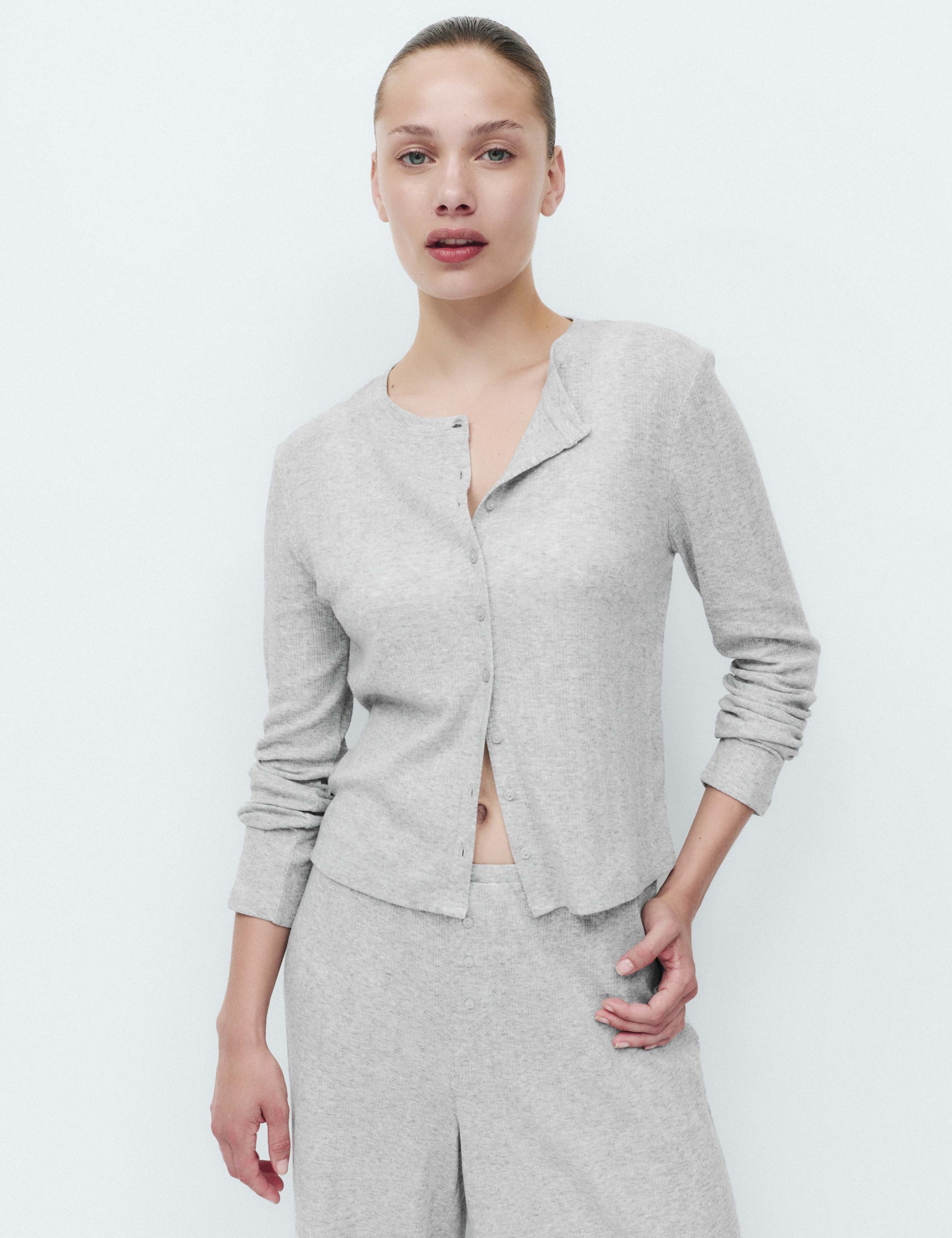 Cotton Blend Pointelle Lounge Cardigan 5 of 7