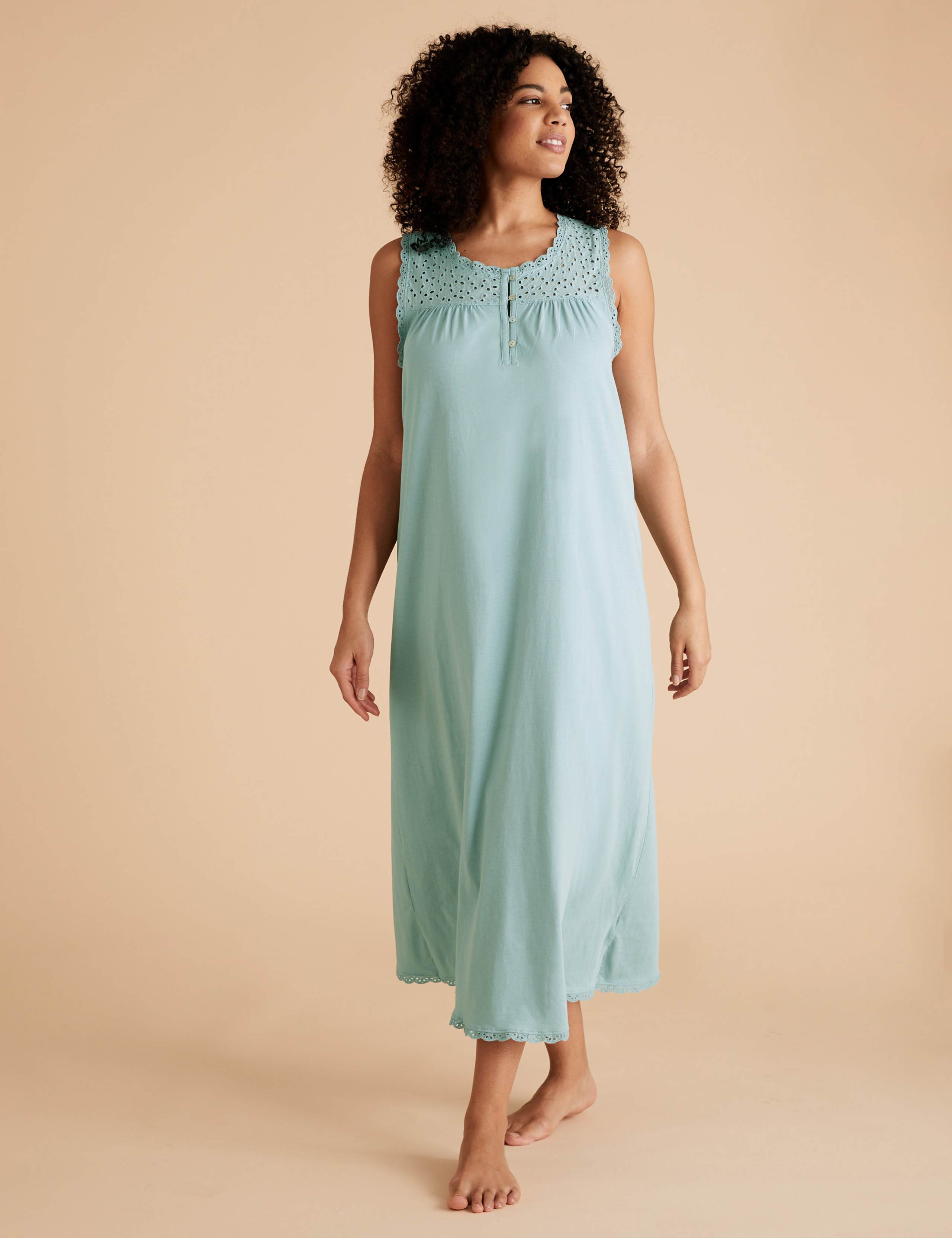 Pure Cotton Broderie Trim Long Nightdress 1 of 3