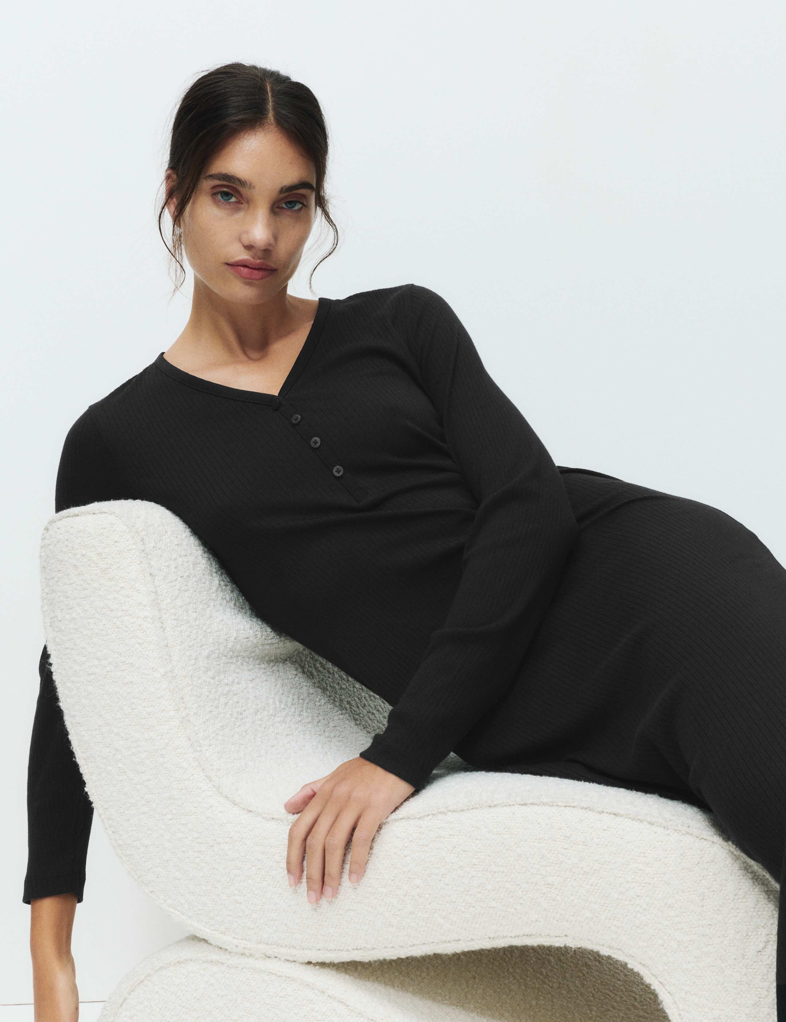 Ribbed Henley Long Sleeve Long Nightdress 5 of 5