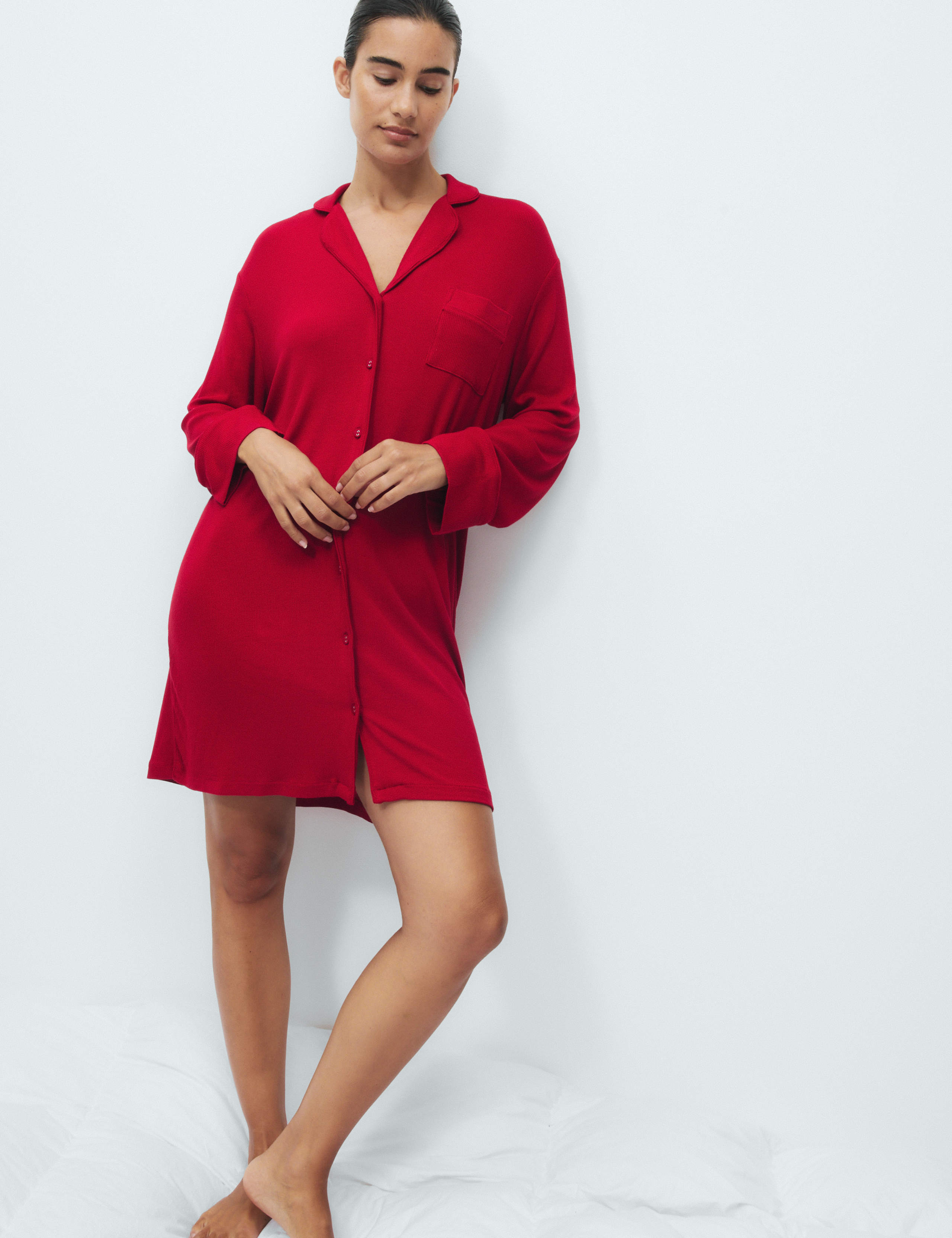 Ribbed Collared Long Sleeve Nightshirt 3 of 4