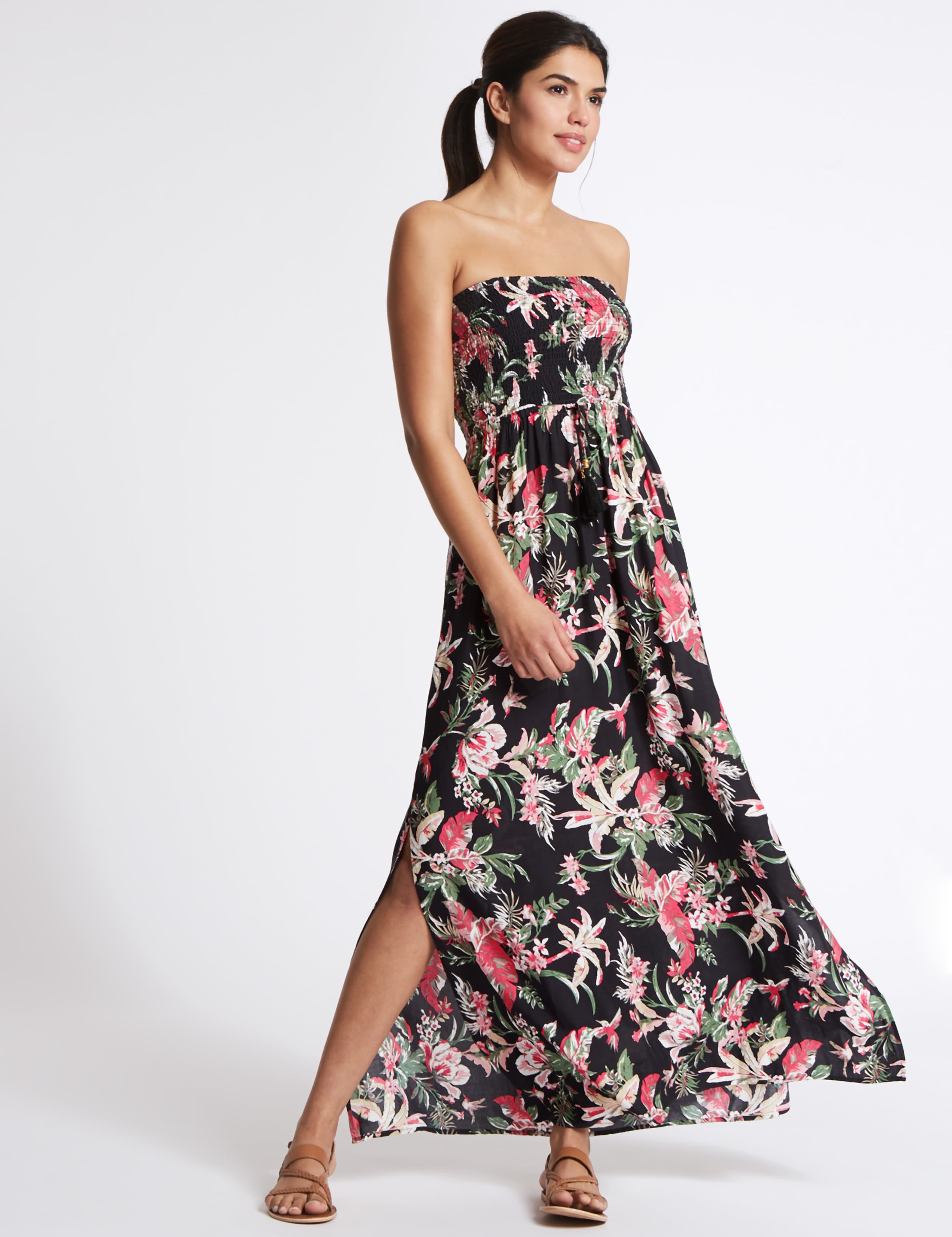 Floral Print Shirred Beach Dress 1 of 4