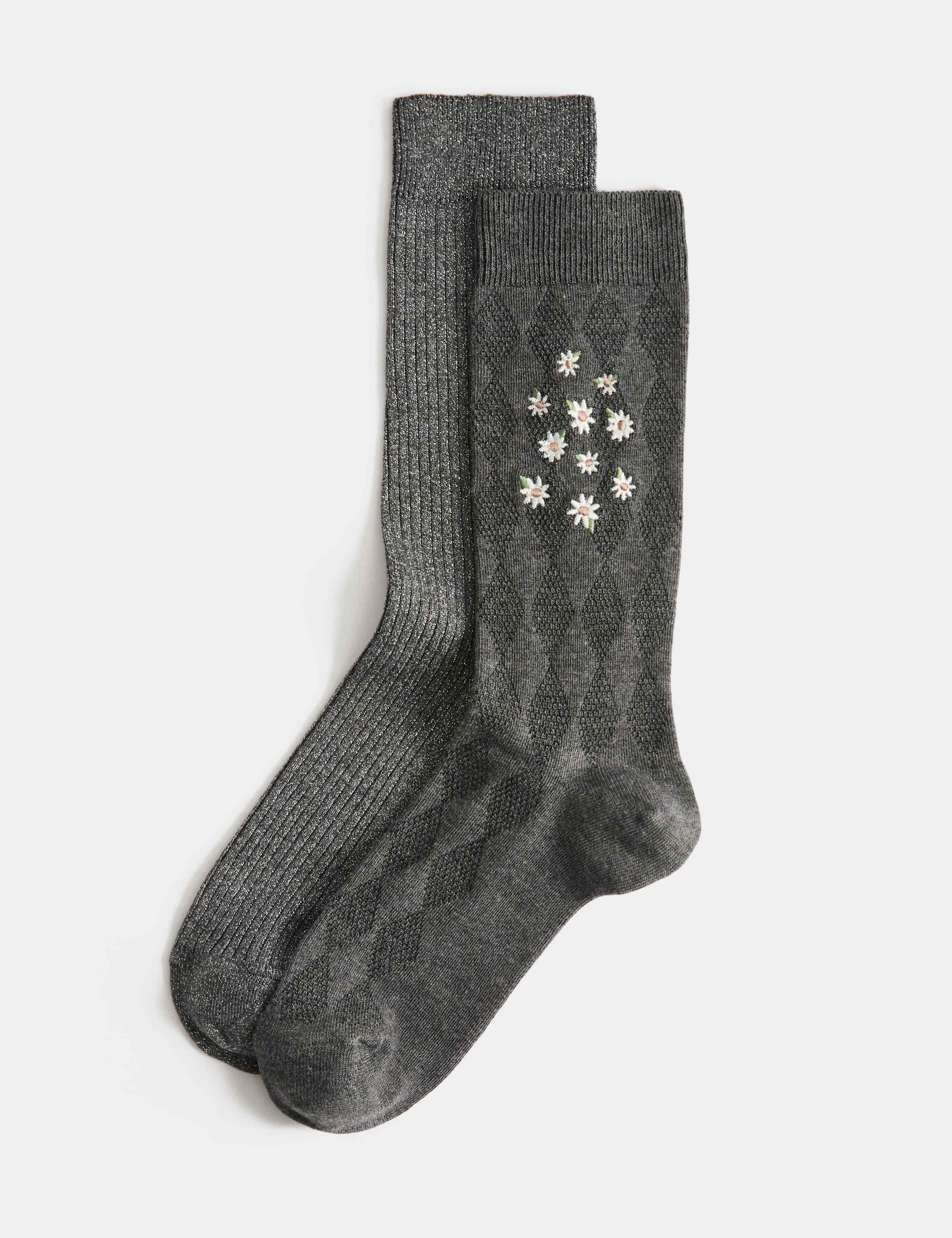 2 Pack Embroidered Ankle High Socks 1 of 1