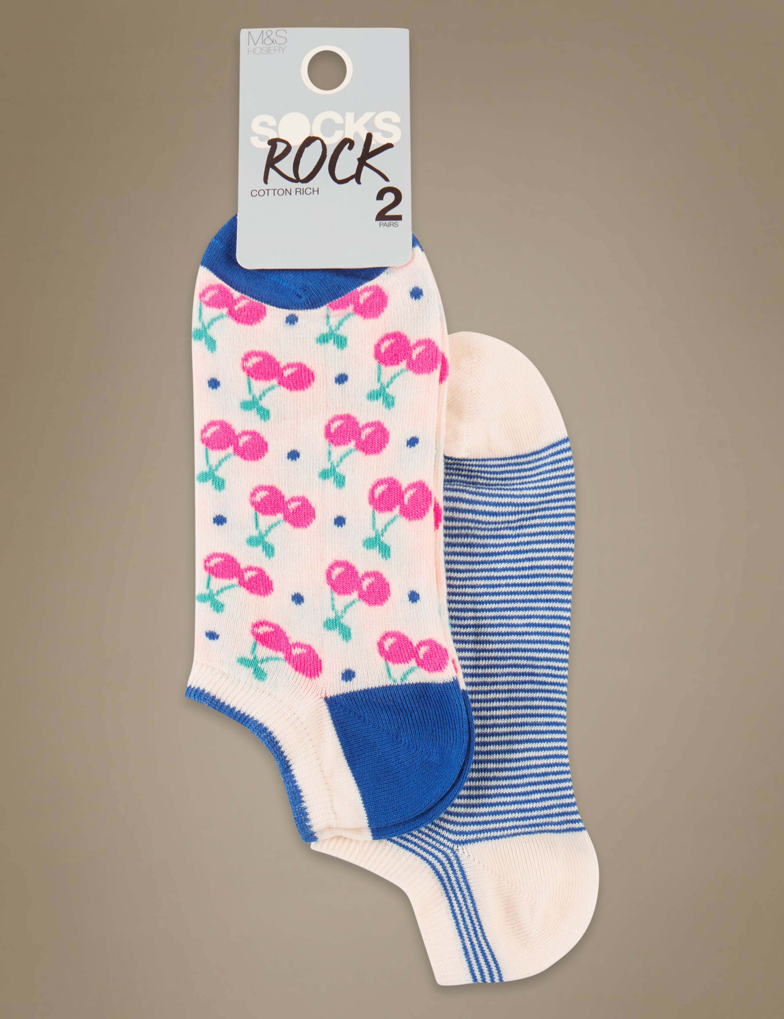 2 Pair Pack Striped & Cherry Print Trainer Liner Socks 1 of 2