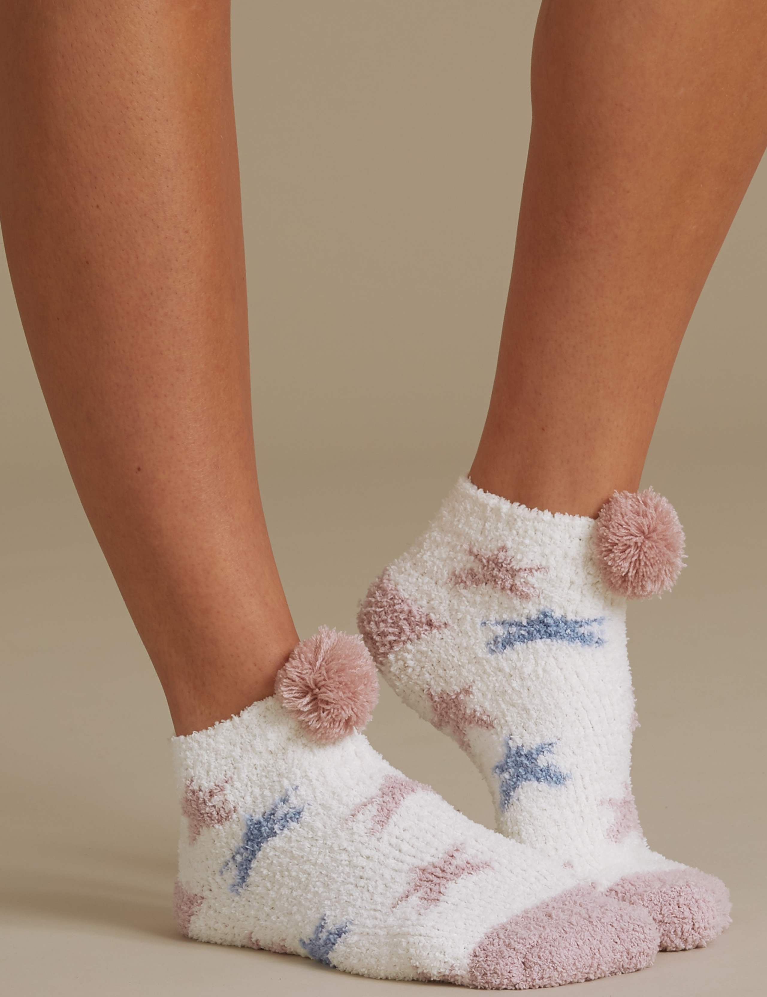 2 Pair Pack Pom Pom Bedsocks 1 of 3