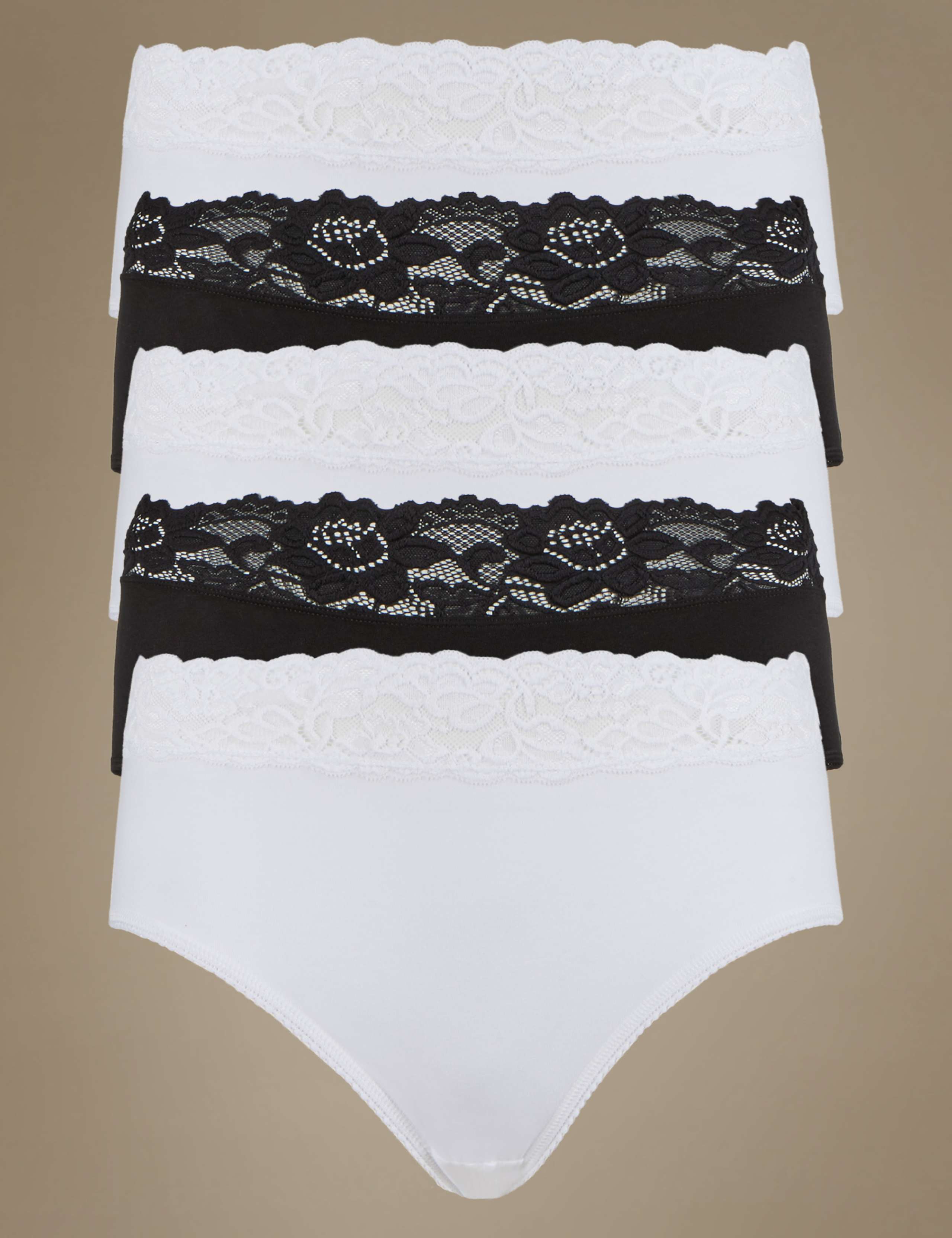 5 Pack Cotton Rich Lace Waist Midi Knickers with New & Improved Fabric 1 of 3