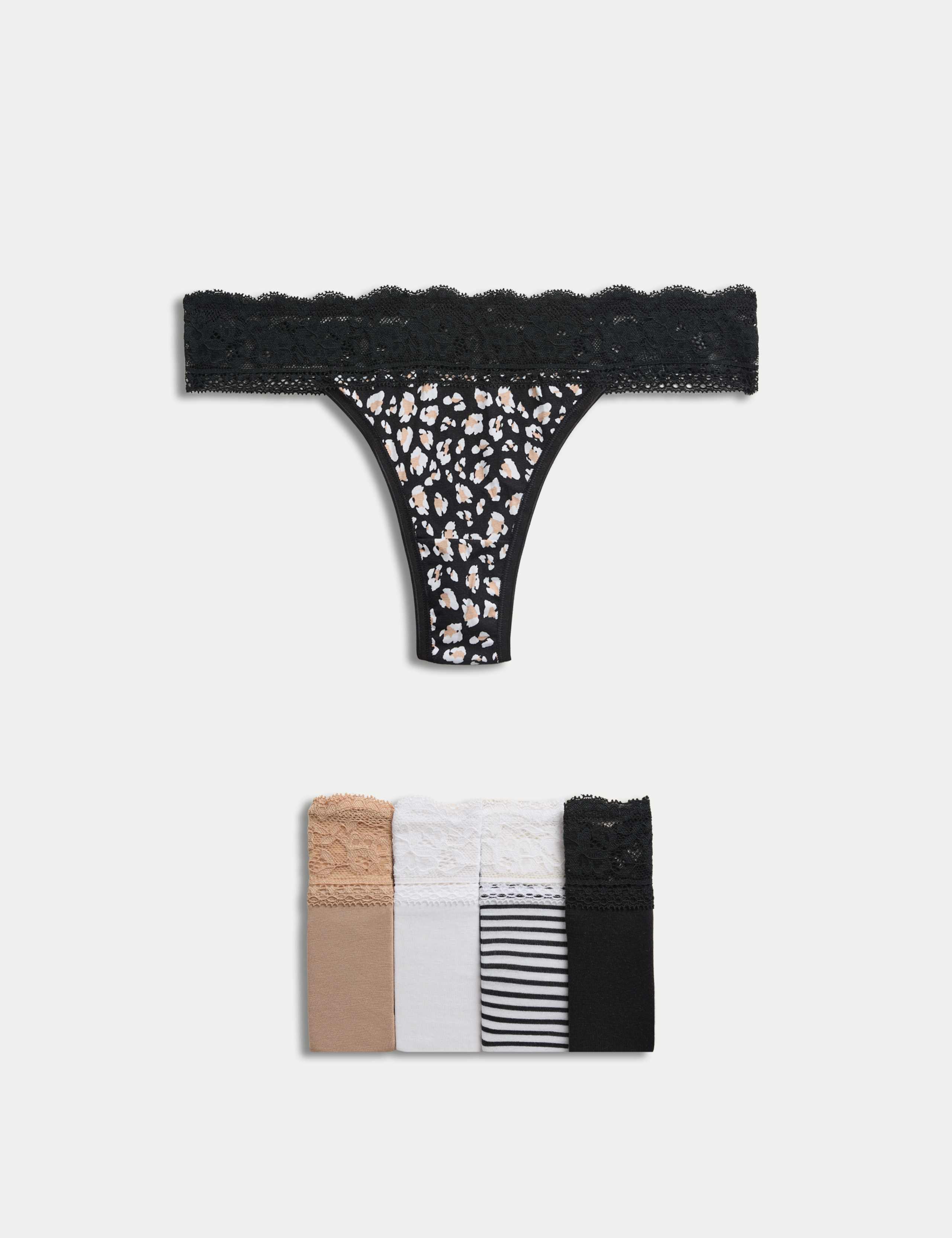 5pk Cotton & Lace Printed Thongs 1 of 6