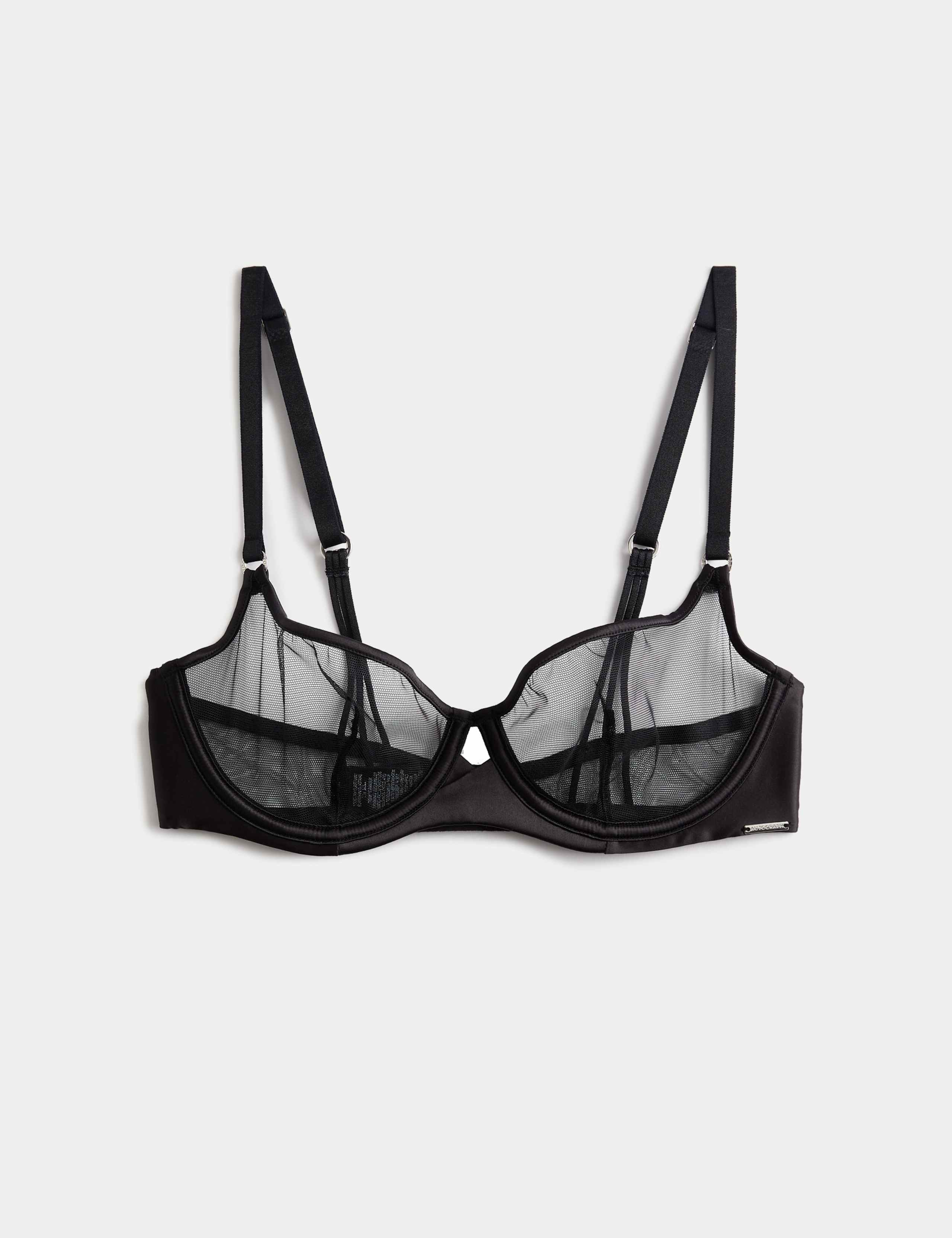 Black Label Satin & Mesh Wired Demi Cup Bra A-DD 2 of 6