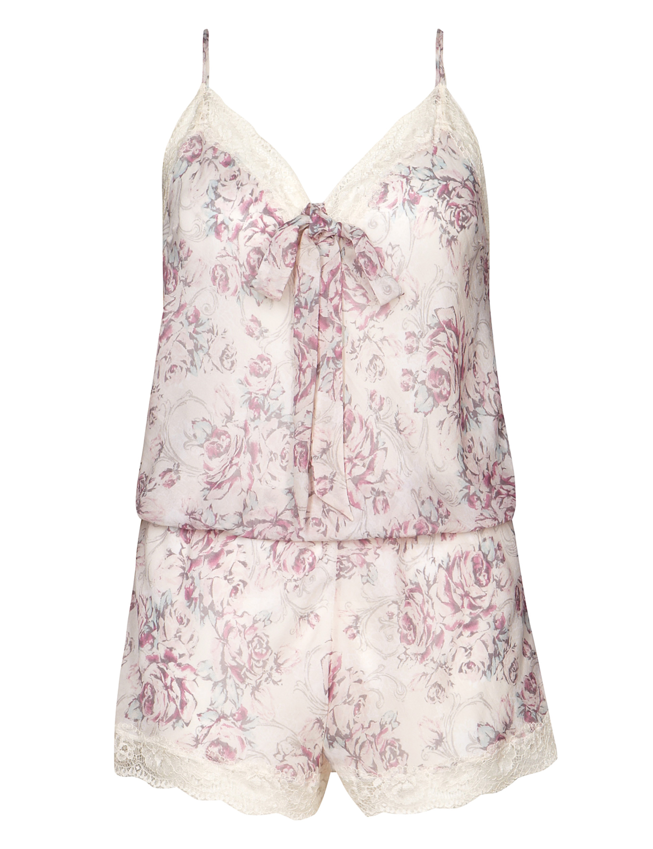 Printed Silk Chiffon Teddy with French Designed Rose Lace 2 of 4