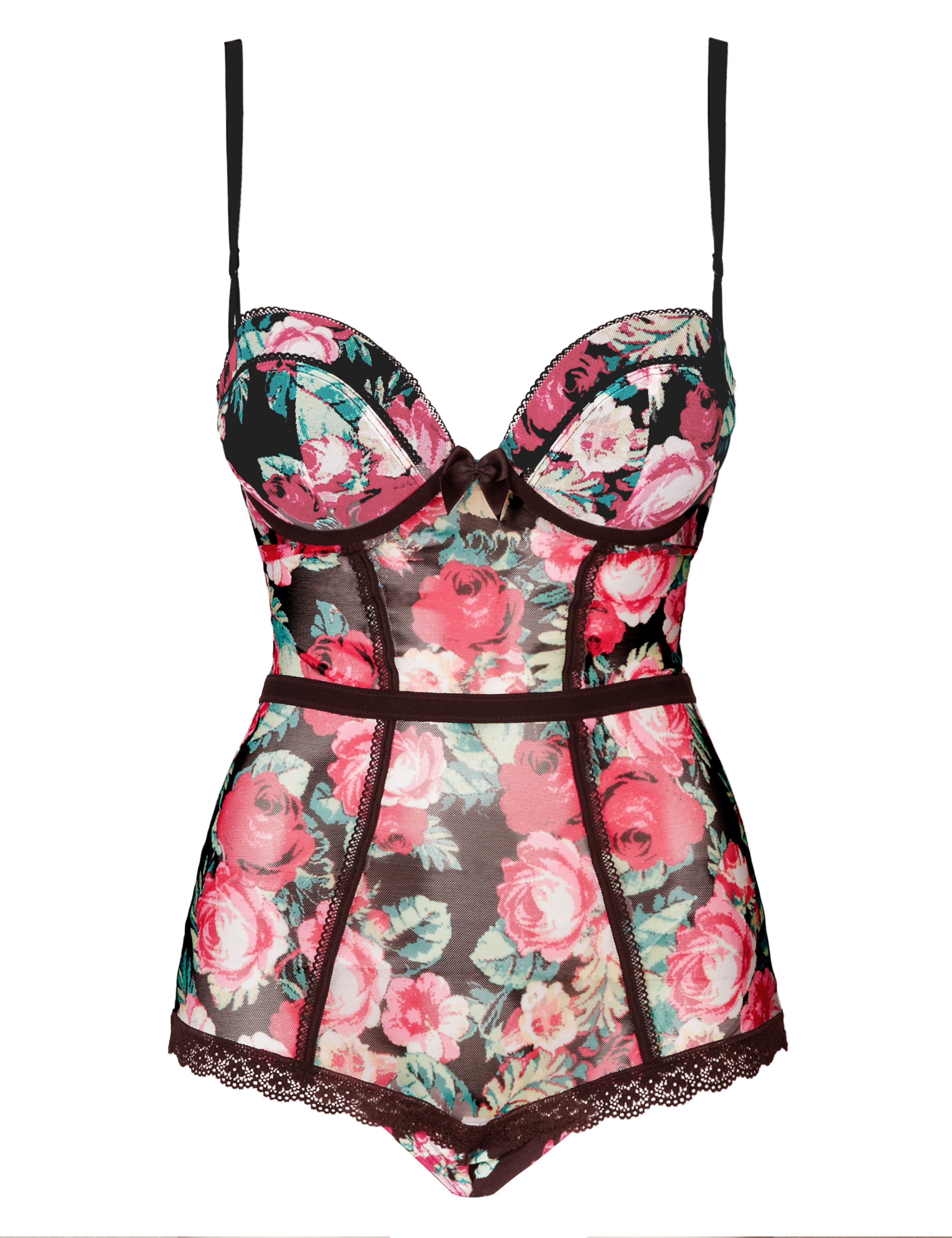 Underwired Rose Print Mesh Push-Up B-D Body 2 of 4