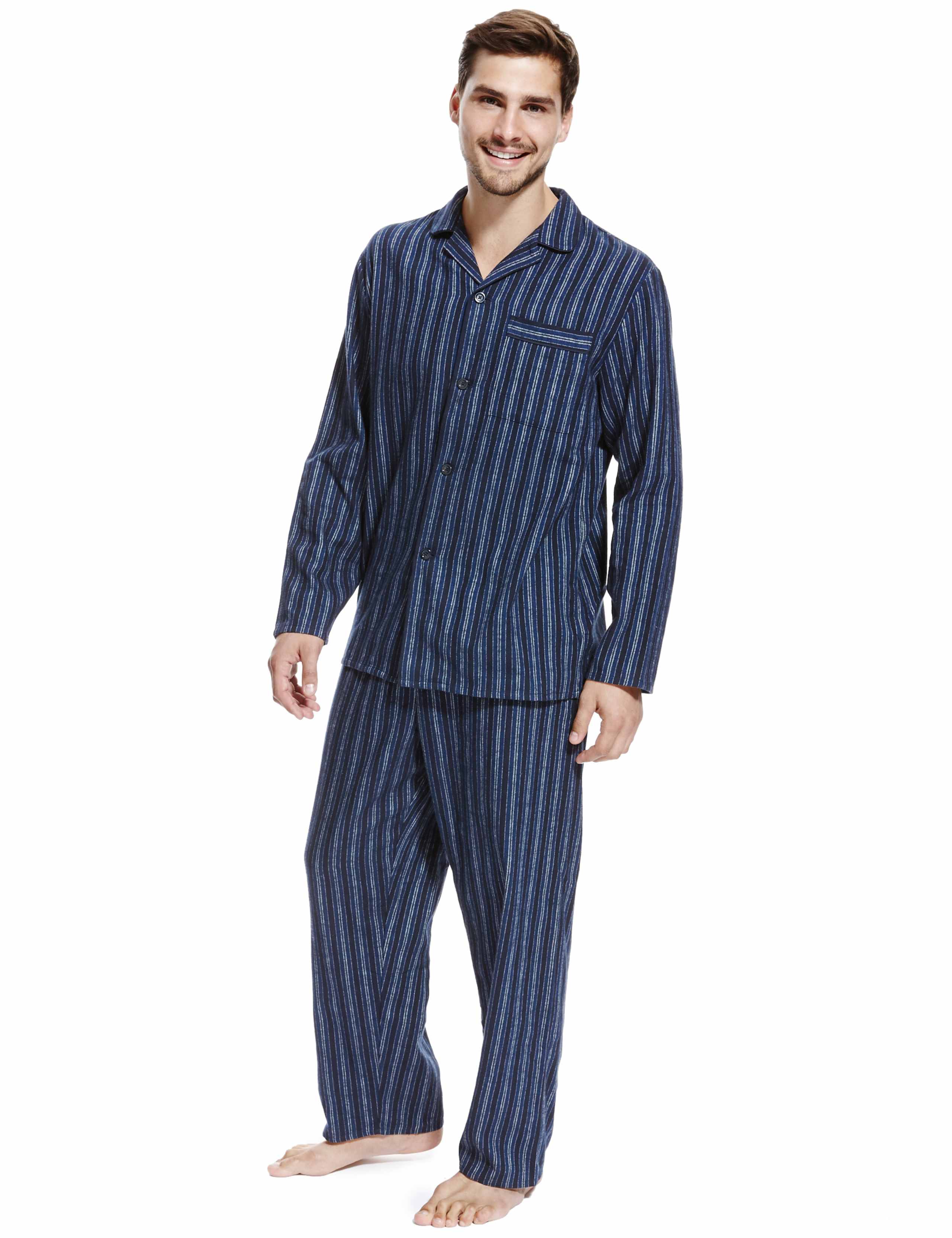 2in Longer Pure Cotton Thermal Striped Pyjamas 1 of 4