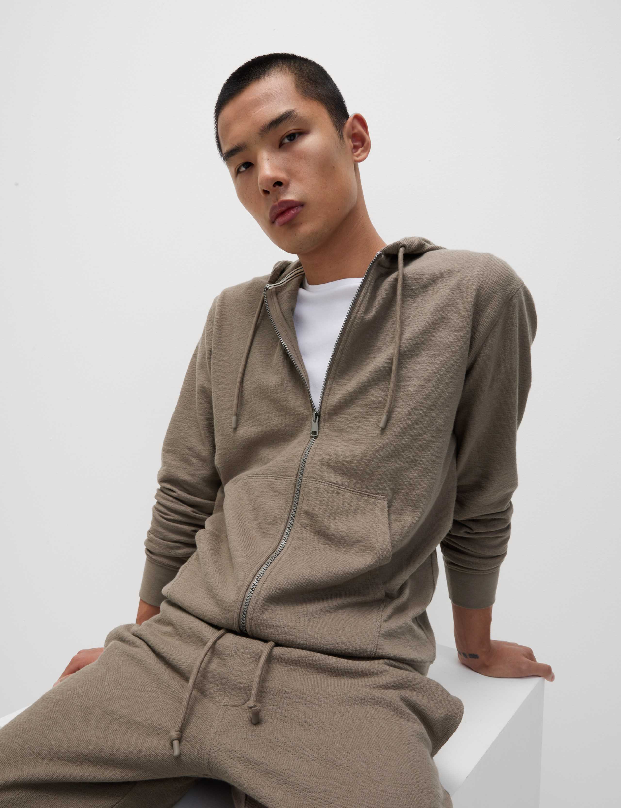Pure Cotton Textured Zip Through Hoodie 3 of 7