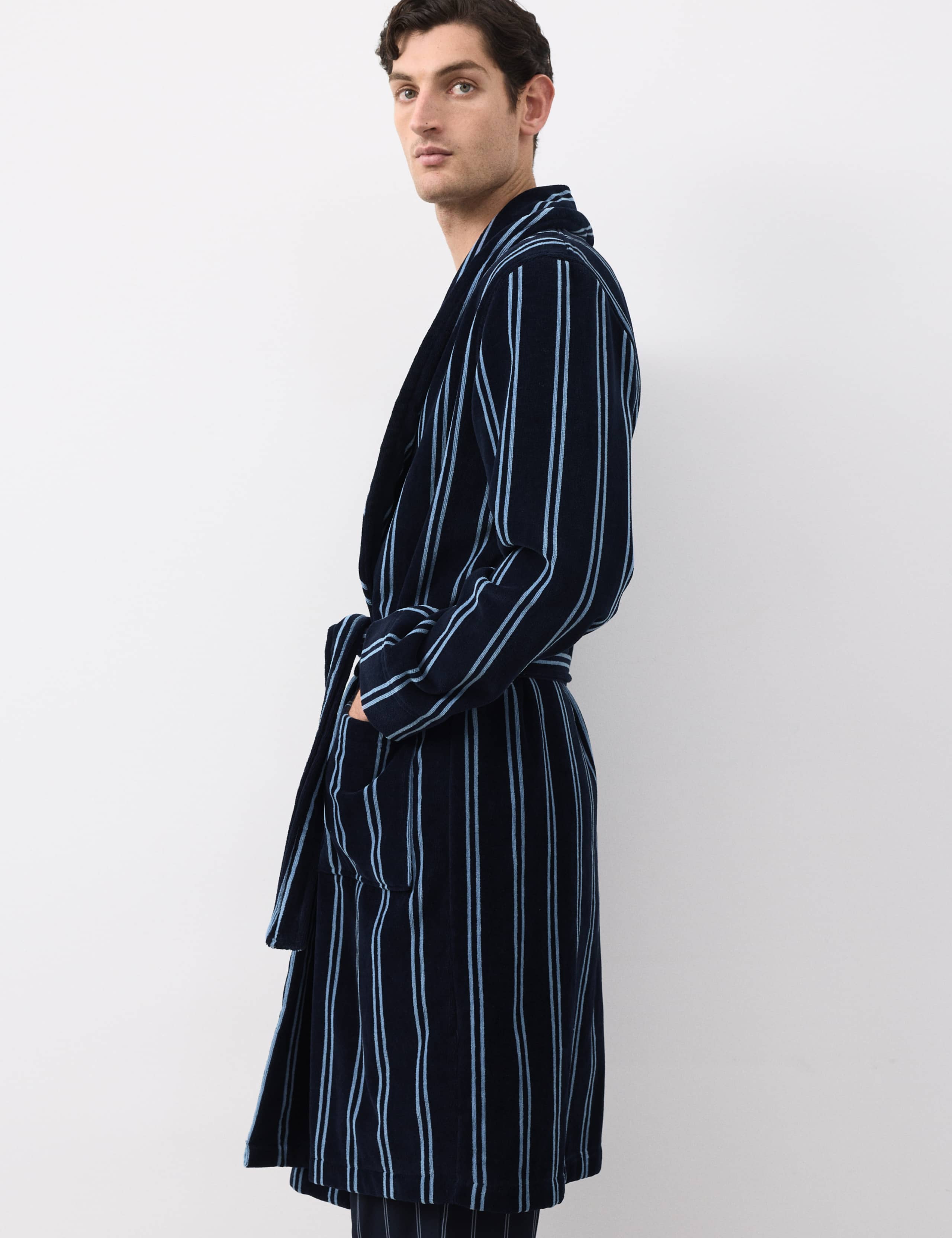 Pure Cotton Velour Striped Dressing Gown 1 of 6
