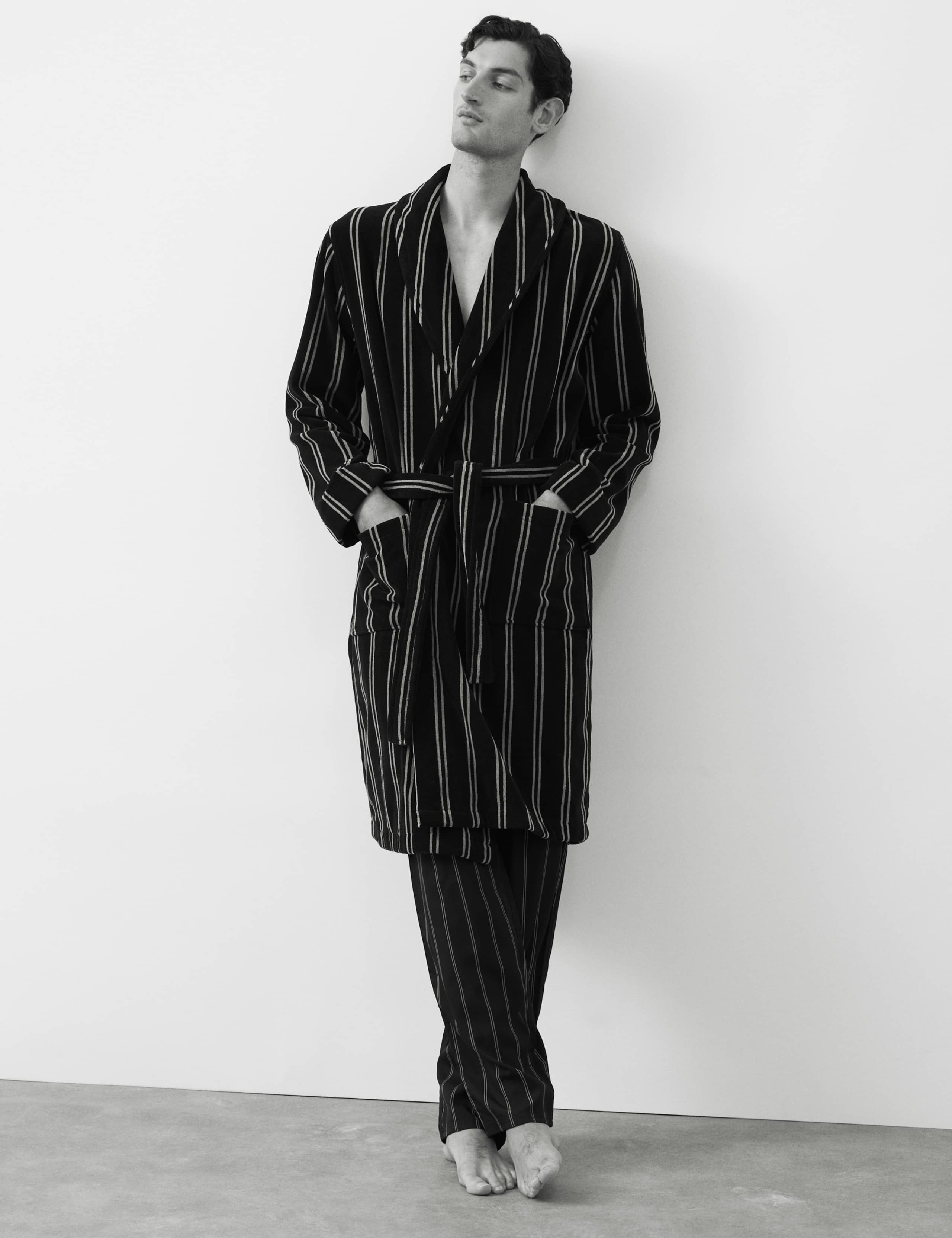 Pure Cotton Velour Striped Dressing Gown 3 of 6