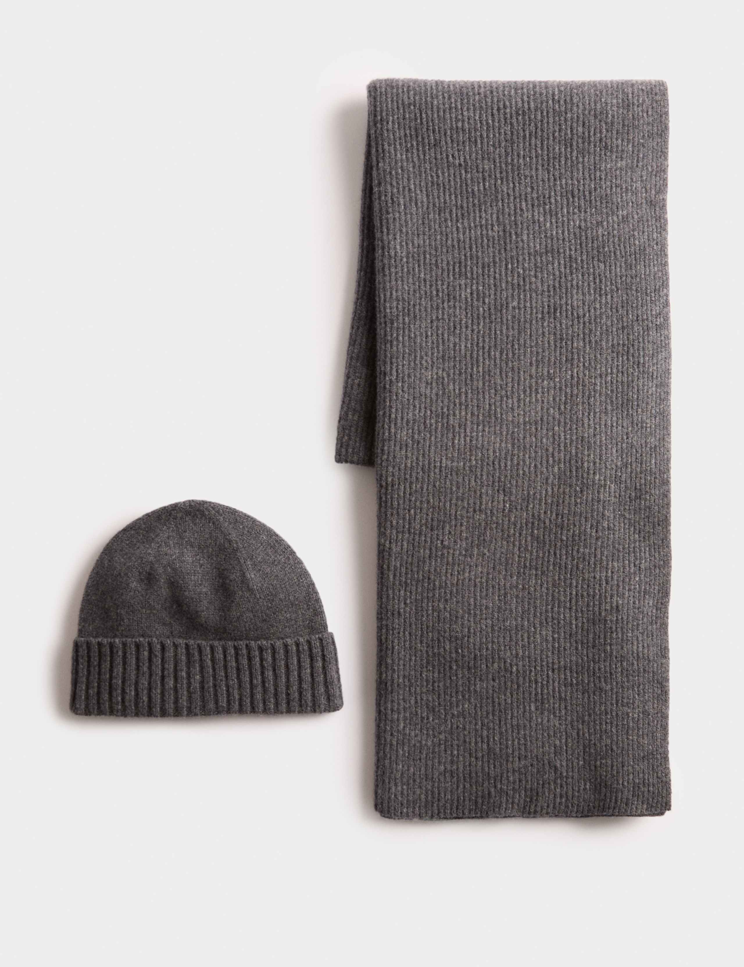 Merino Wool Ribbed Knitted Hat & Scarf Set 1 of 2