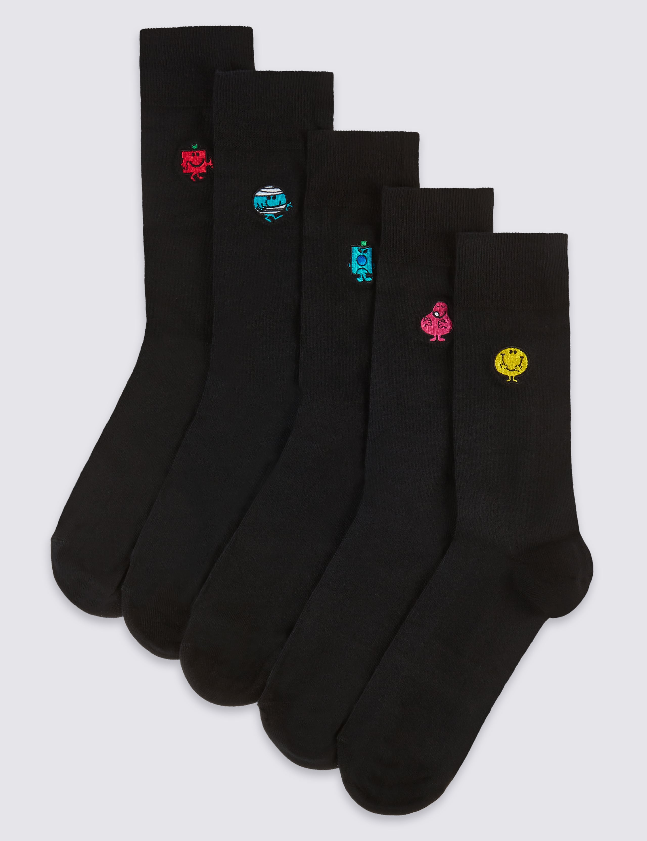 5pk Cotton Rich Mr Men Embroidered Socks 1 of 1